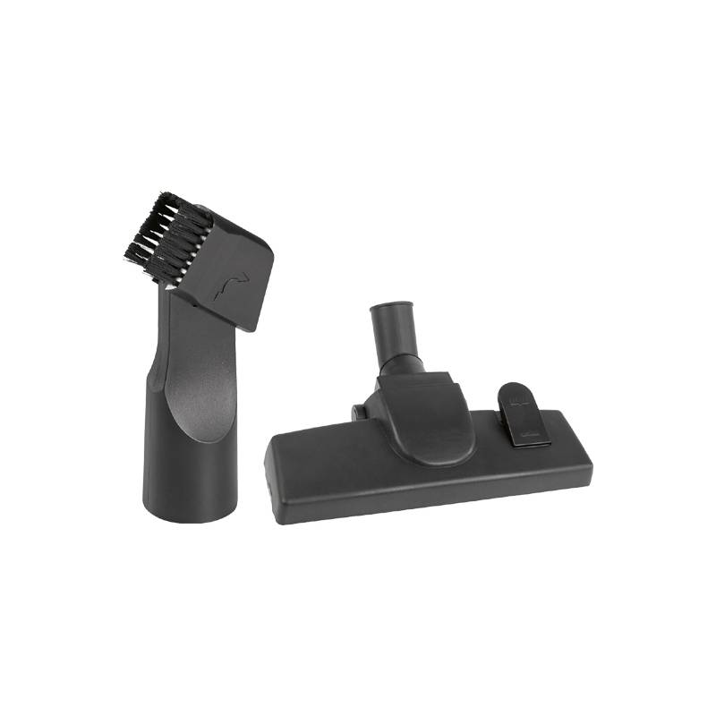 Staubsauger-Zubehör einschließlich einer kammartig strukturierten Bürste und einer flachen Düse, verwendet für verschiedene Reinigungszwecke.