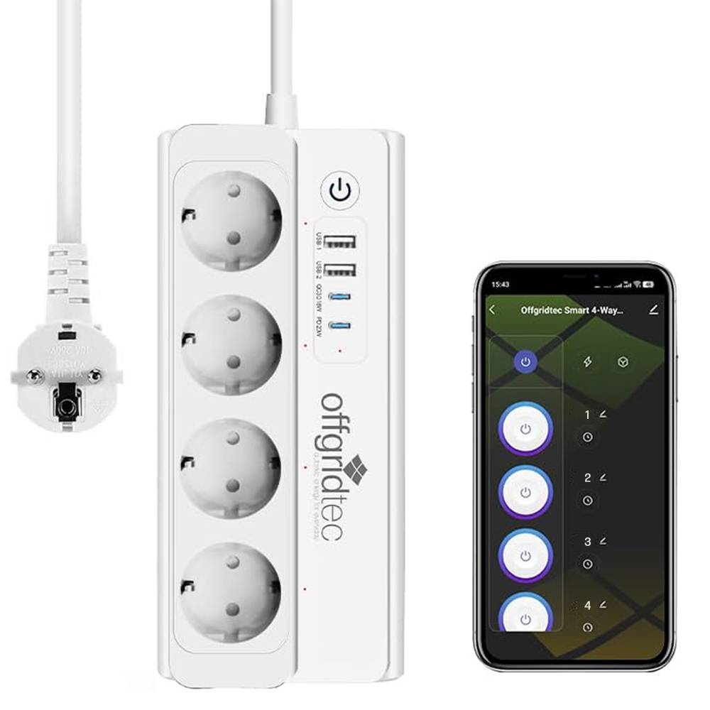 Offgridtec Smarte 4-fach Steckdosenleiste + 2x USB-A und 2x USB-C Anschluss mit Smart Life- oder Tuya-App - 1,5m Kabel