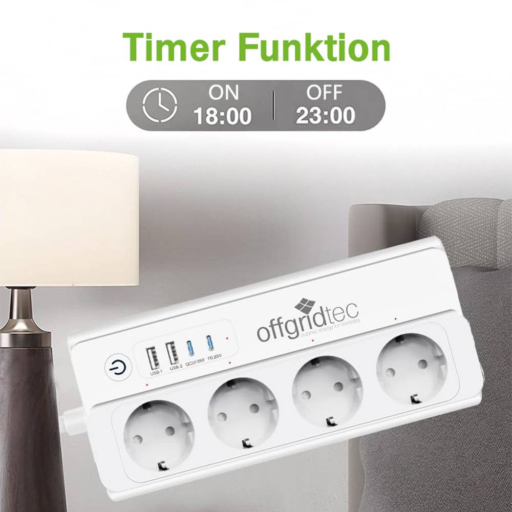 Offgridtec Smarte 4-fach Steckdosenleiste + 2x USB-A und 2x USB-C Anschluss mit Smart Life- oder Tuya-App - 1,5m Kabel