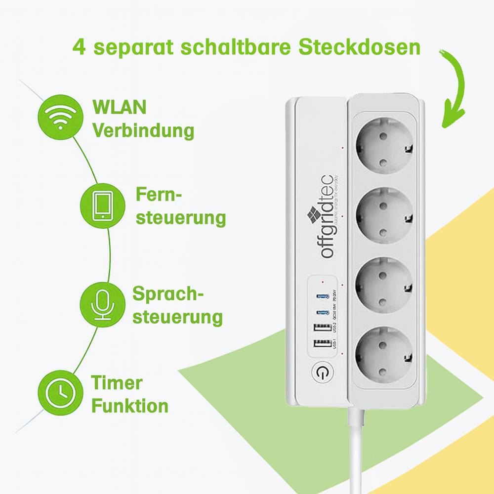 Offgridtec Smarte 4-fach Steckdosenleiste + 2x USB-A und 2x USB-C Anschluss mit Smart Life- oder Tuya-App - 1,5m Kabel