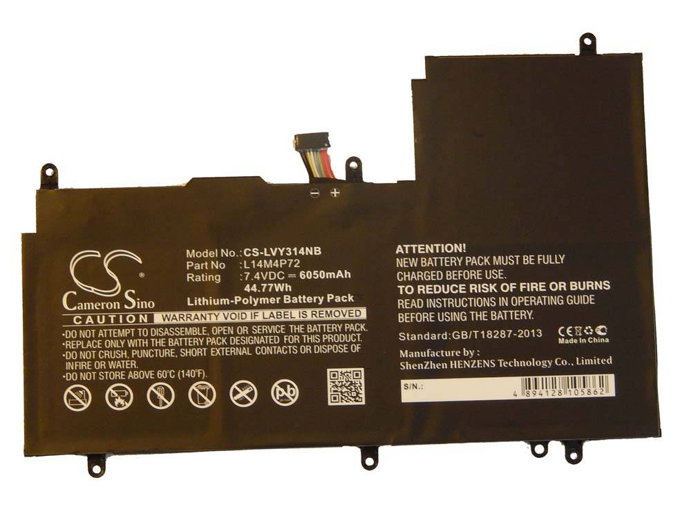 Ein Lithium-Polymer-Akkupack mit folgenden Spezifikationen: Modell CS-LVY314NB, 7,4VDC 6500mAh, 47,7Wh. Warnetiketten und Verbindungskabel sind sichtbar.