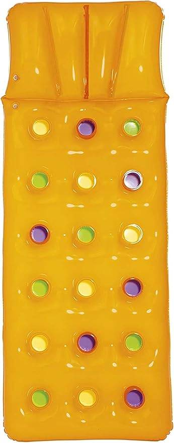 Orangefarbener aufblasbarer Poolsessel mit neun farbigen Getränkehaltern in einem 3x3-Raster angeordnet.