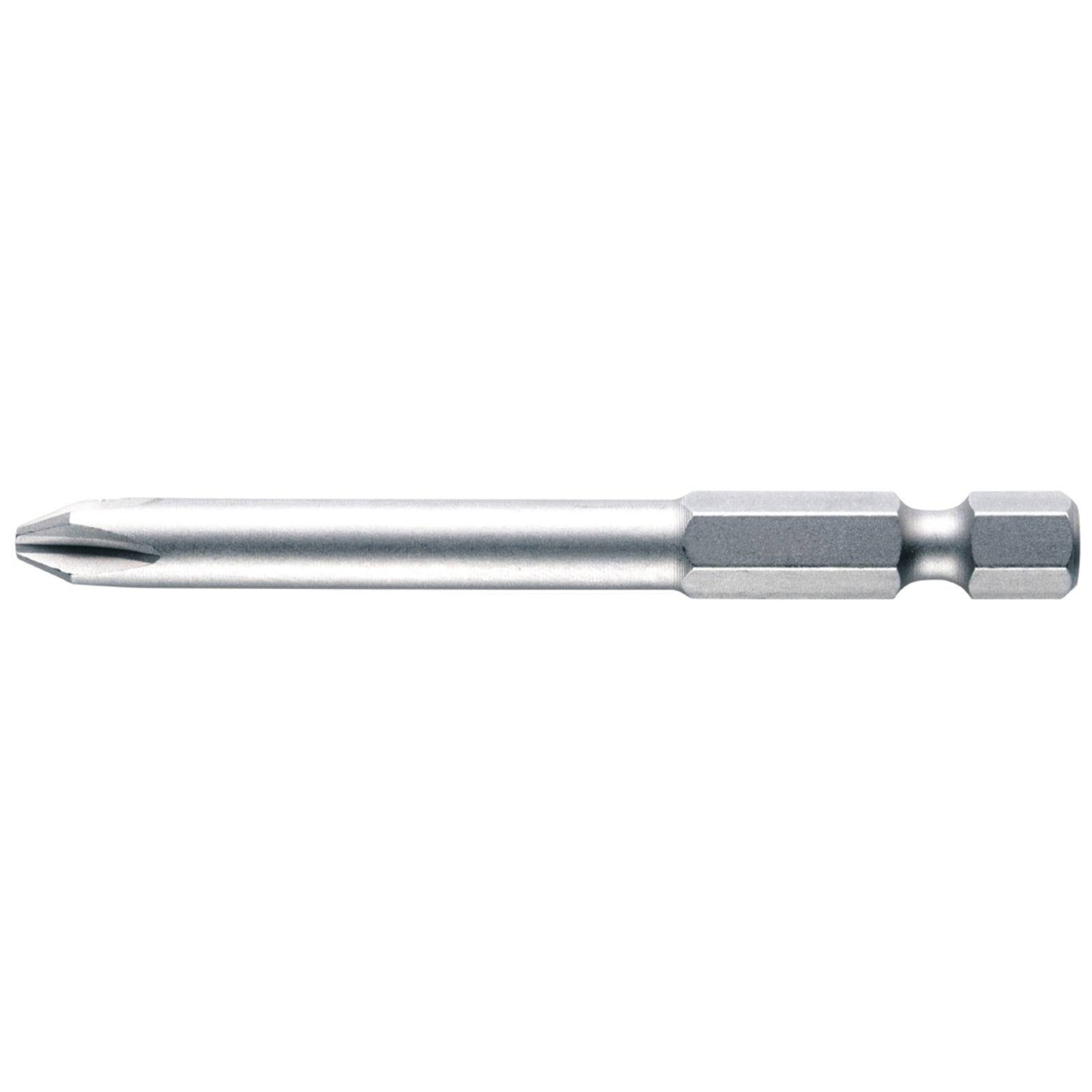 Ein silberner metallischer Schraubenbit mit sechseckiger Basis und Phillips-Kopf-Spitze, verwendet zum Eindrehen von Schrauben.