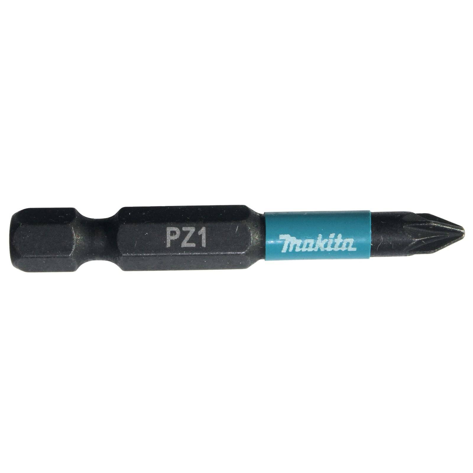 Ein schwarzer PZ1 Schraubendreher-Bit mit blauem Makita-Band, verwendet zum Eindrehen von Schrauben mit Pozidriv-Kopf.