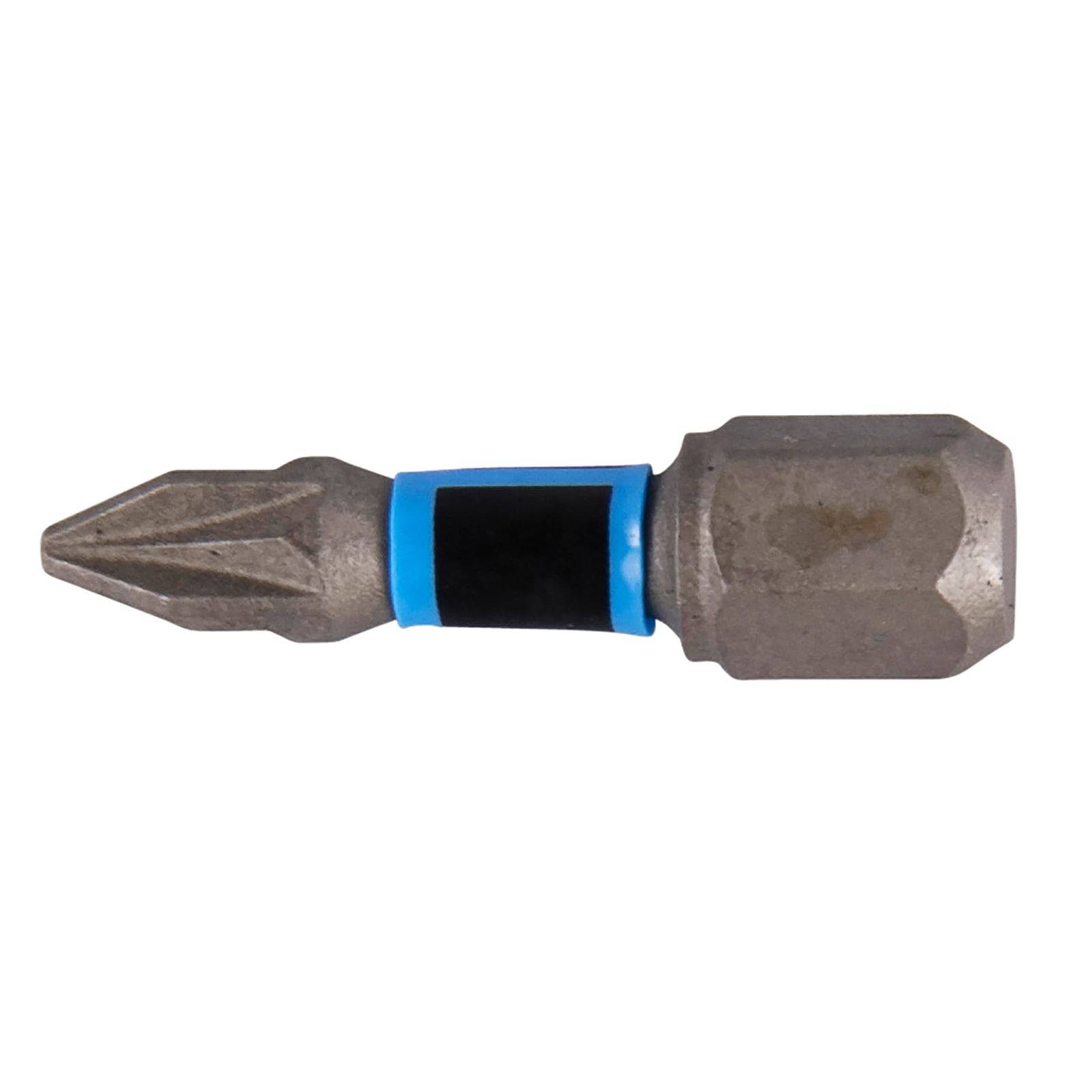 Ein Metall-Schraubenbit mit einer flachen Basis und einem blauen und schwarzen Band in der Mitte. Wird zum Eindrehen von Schrauben verwendet.