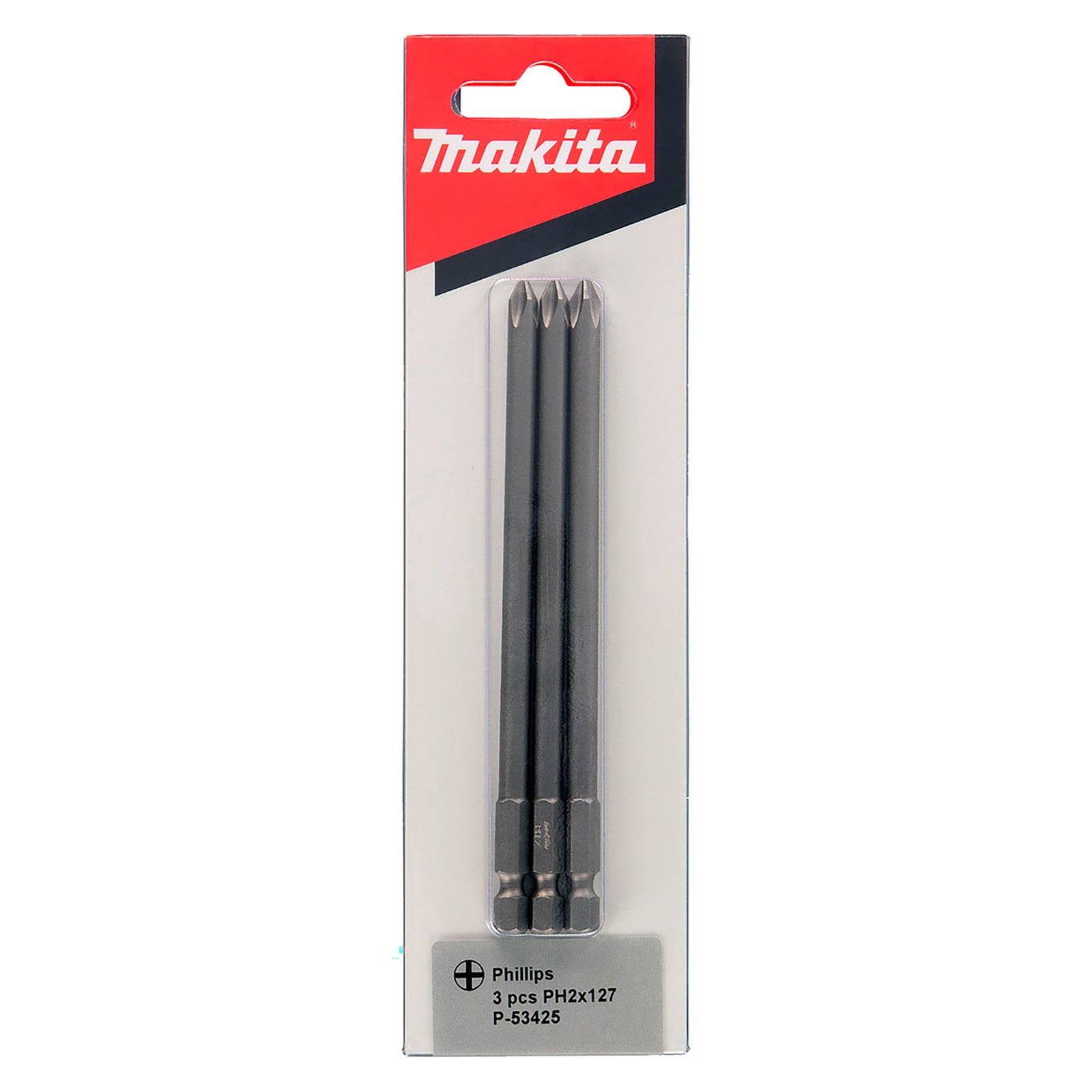Makita-Verpackung mit drei Phillips-Schraubenziehereinsätzen, gekennzeichnet als '3 Stück P2x127 P-54325'.
