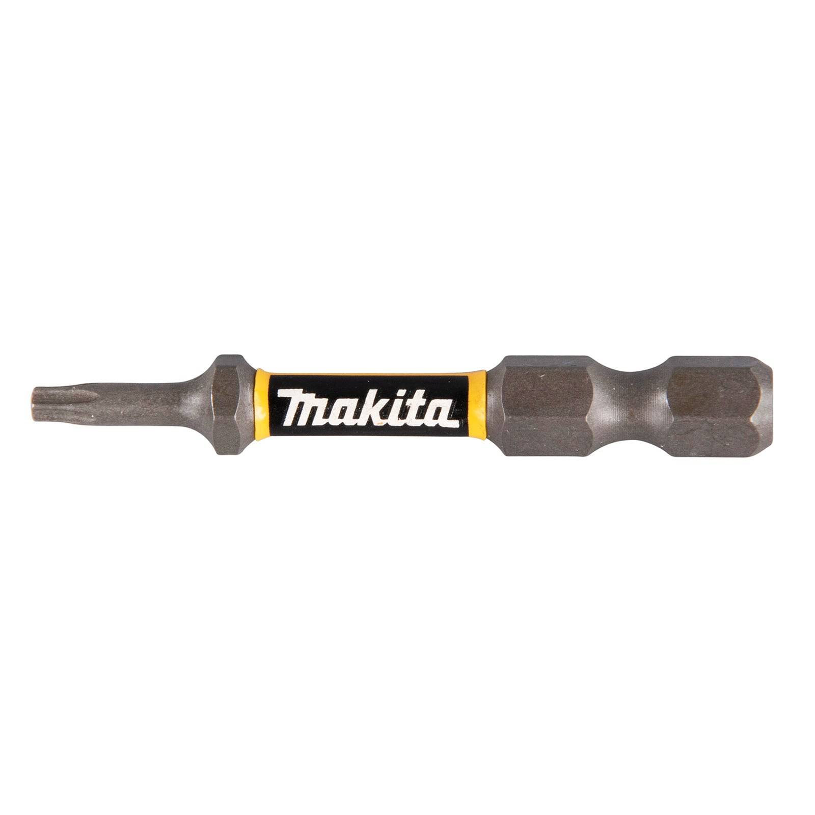 Torx-Schraubenbit mit schwarzer und gelber Mittelbinde, beschriftet mit 'Makita'.