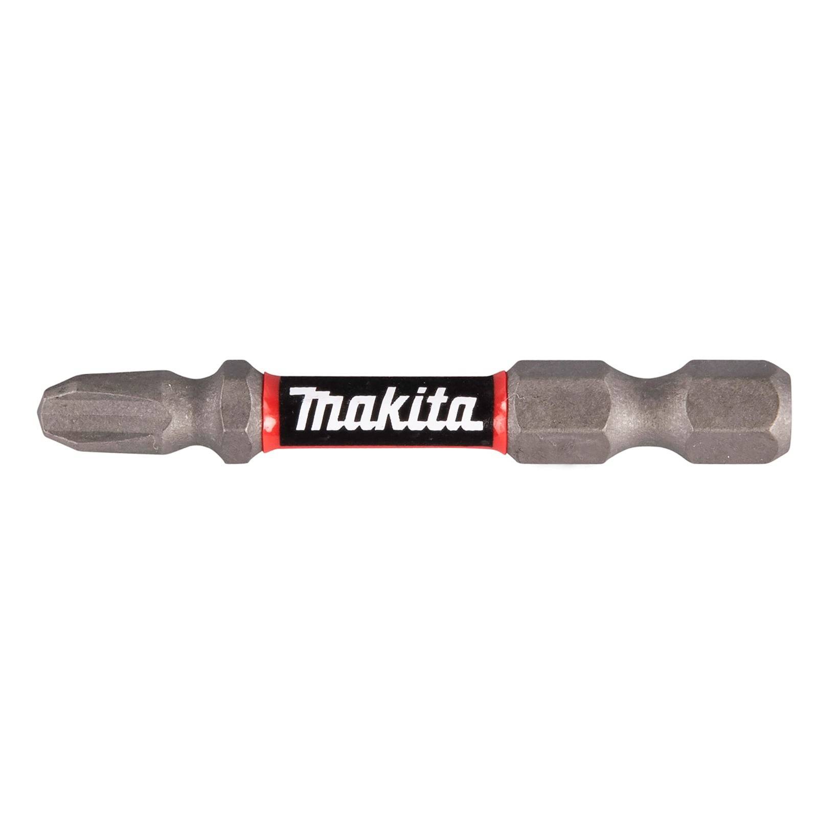 Makita Schraubendreher-Bit, beidseitig verwendbar, mit einem roten und schwarzen Zentraletikett, das den Markennamen trägt, entwickelt für präzises Arbeiten mit Werkzeugen.
