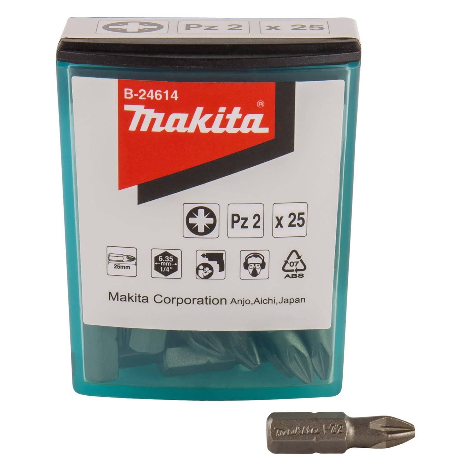 Makita PZ2 Schrauberbit-Set 25-teilig. Packung mit 25 PZ2 Schrauberbits von Makita, gekennzeichnet mit 25 mm Länge und geeignet für Schlagschrauber.