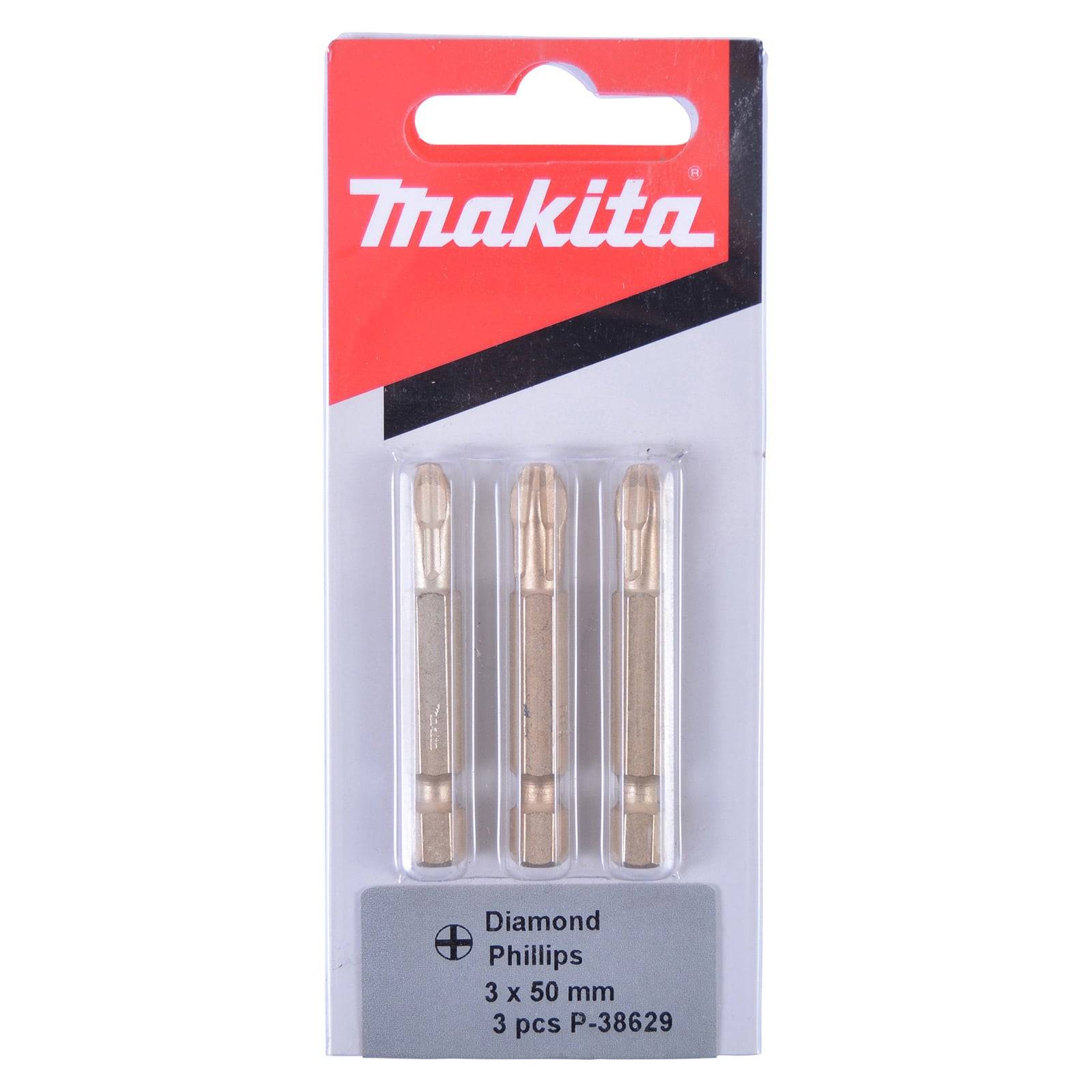 Packung mit drei Makita Diamant-Phillips-Schrauberbit, jeweils 3 x 50 mm, in einer transparenten Kunststoff- und Kartonverpackung präsentiert.