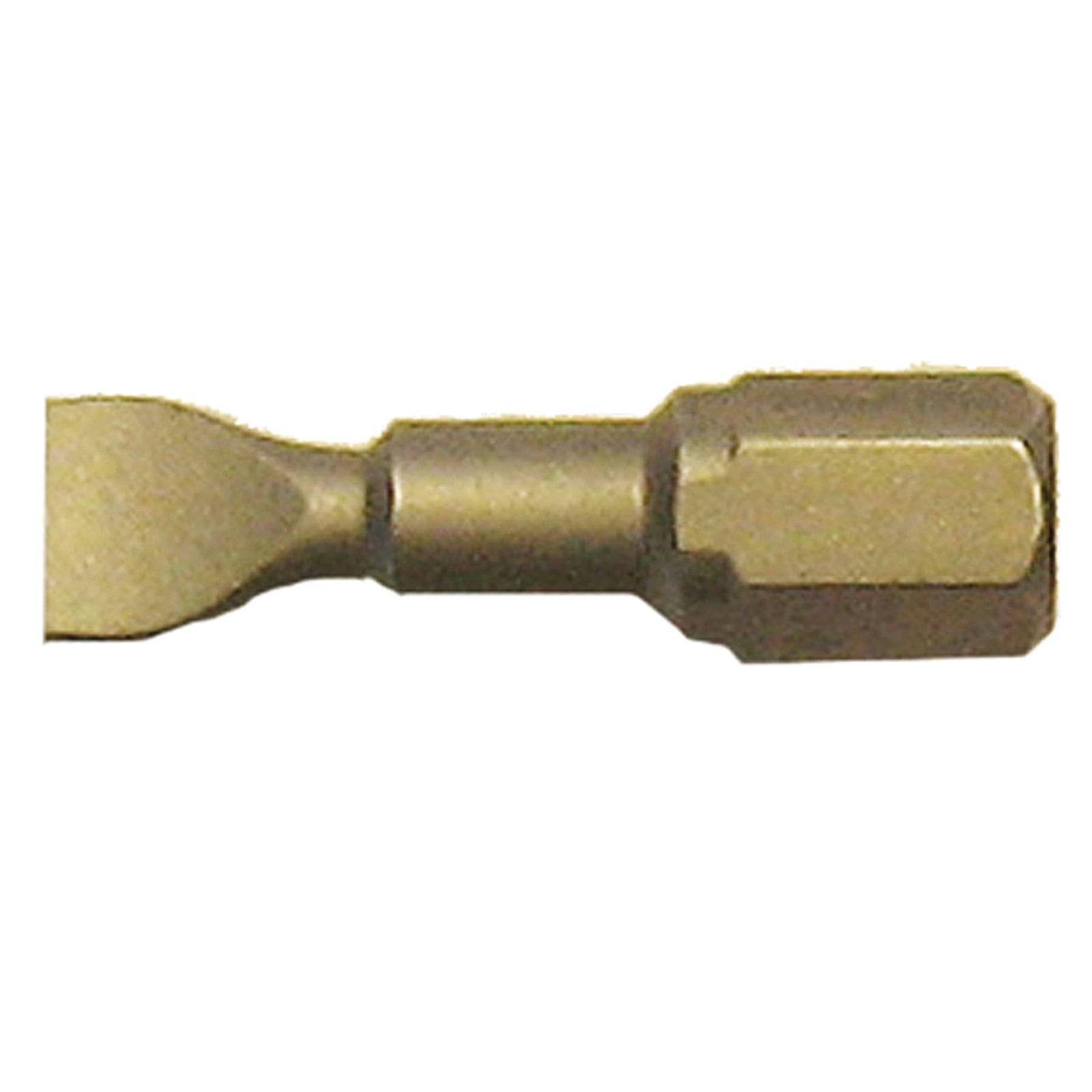 Ein Schlitzschraubendreher-Bit mit Sechskantschaft, typischerweise verwendet zum Eindrehen von Schlitzschrauben beim Holz- oder Metallarbeiten.