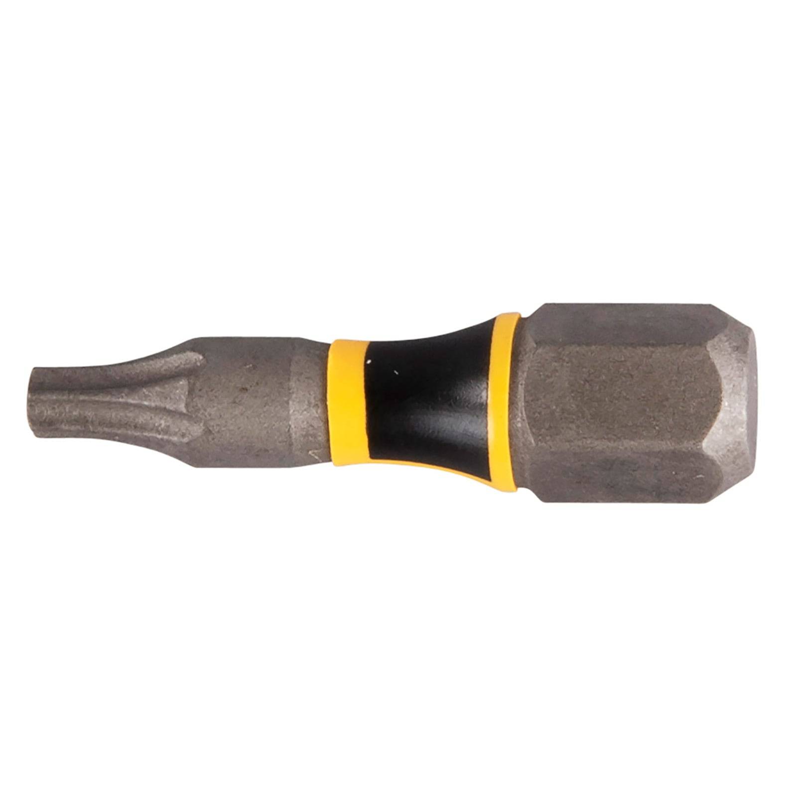 Ein sechseckiger Schrauberbit mit einem schwarz-gelben Band, entwickelt für die Verwendung in Bohrmaschinen und manuellen Schraubendrehern, mit einer Torx-Spitze.