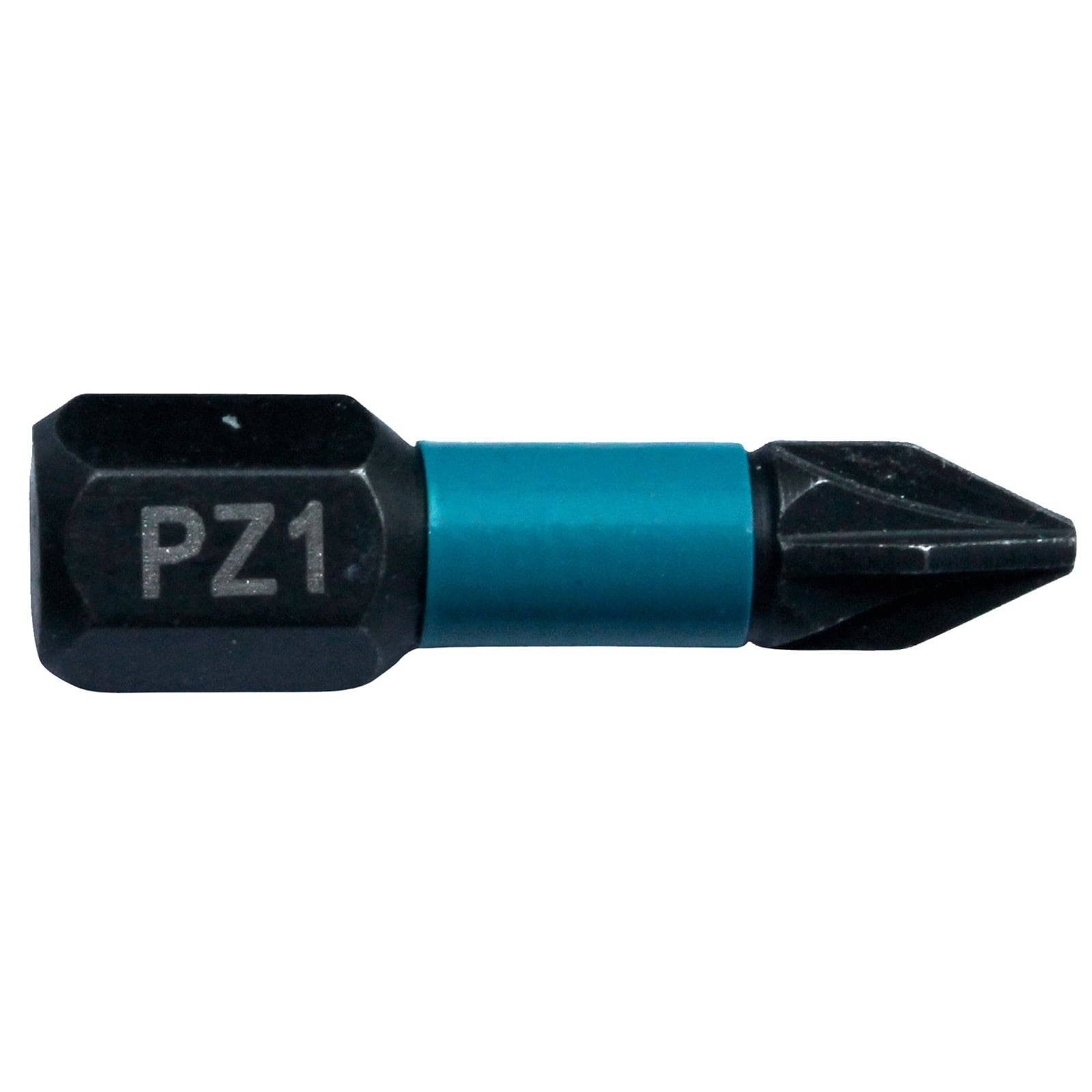Phillips Pozidriv Schraubendreher-Bit mit der Bezeichnung 'PZ1', ausgestattet mit einer sechseckigen Basis und einer gerillten Spitze, entwickelt für präzise Befestigungsaufgaben.