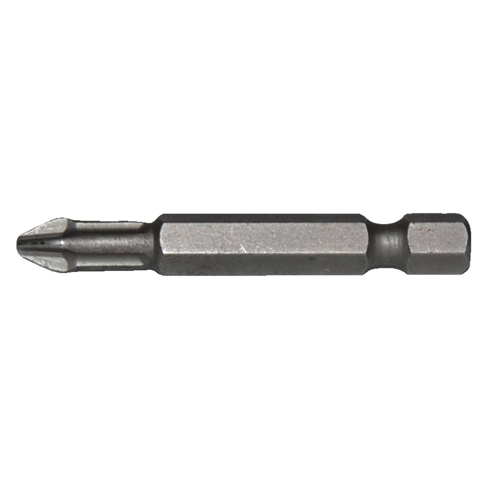 Ein Schraubendrehen-Bit aus Metall mit einem Kreuzschliff-Kopf an einem Ende und einem Sechskant-Schaft am anderen Ende, das zum Eindrehen von Schrauben verwendet wird.