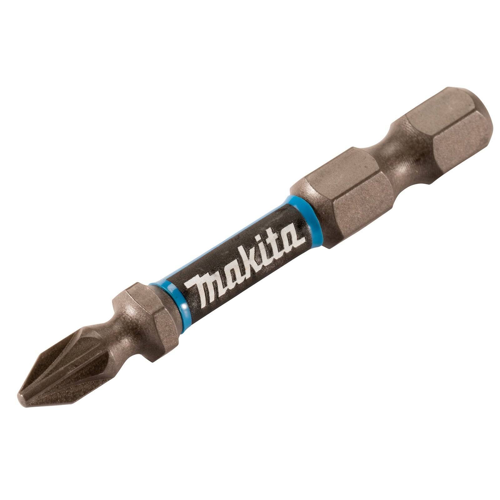 Ein doppelseitiger Schraubendreherbit mit sechseckigen Enden, mit der Aufschrift 'Makita' in weißer Schrift, versehen mit einem blauen Akzentring in der Mitte.