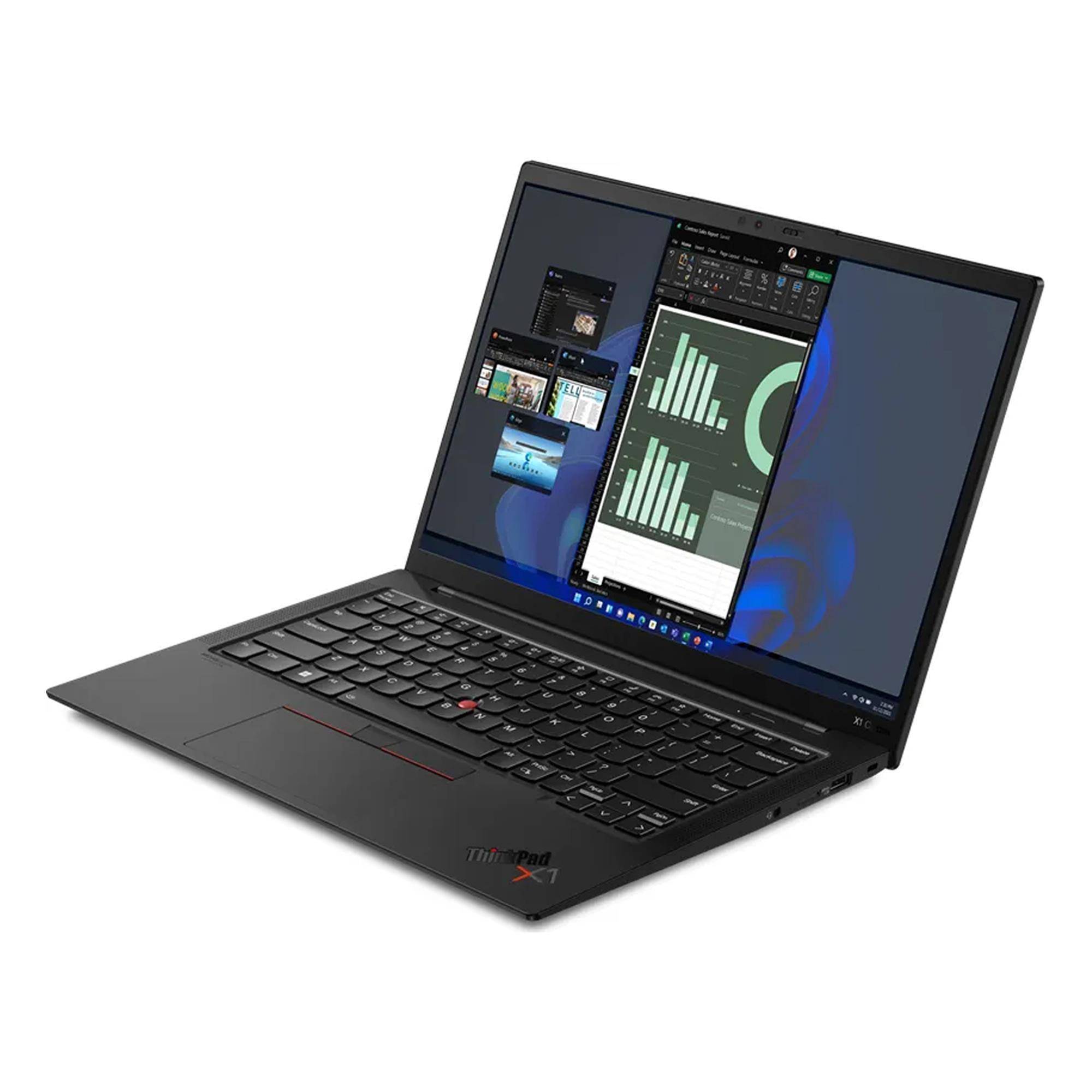 Ein schwarzer Laptop, der mehrere Fenster auf seinem Bildschirm anzeigt, mit Grafiken und Tabellenkalkulationen, was Produktivität und Multitasking suggeriert.
