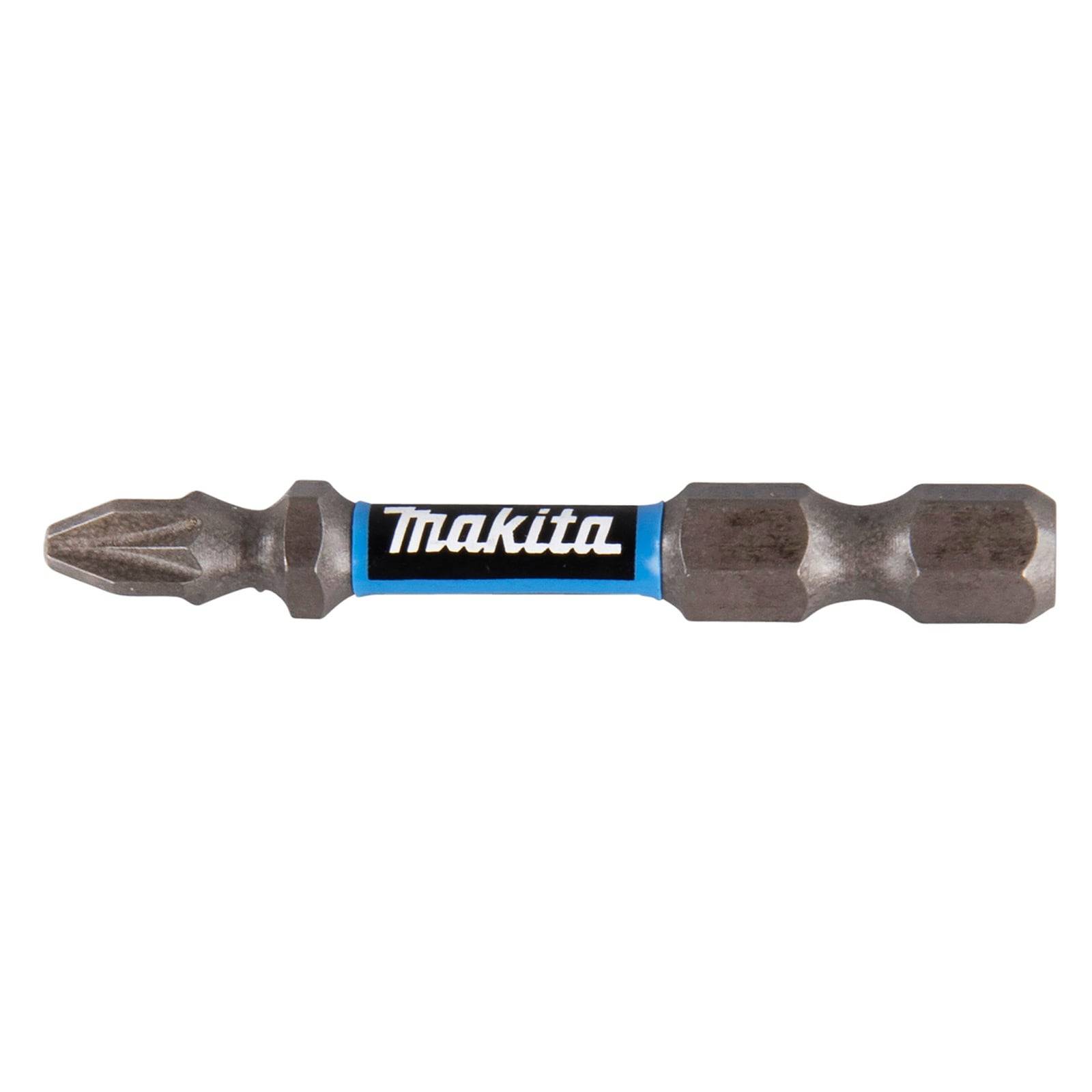 Ein doppelendiger Makita-Schraubendreher-Bit mit einem Kreuzschliff-Kopf an einem Ende und einem sechskantigen Schaftende am anderen, speziell für Bohrmaschinen entwickelt.