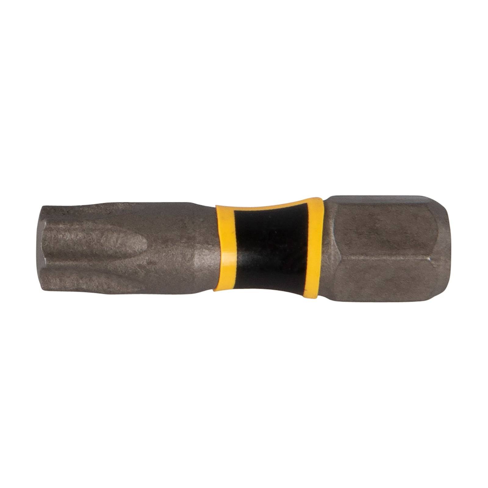 Ein Torx-Schraubendreher-Bit mit einem schwarz-gelben Band nahe seiner Basis, entwickelt für präzises Befestigen.