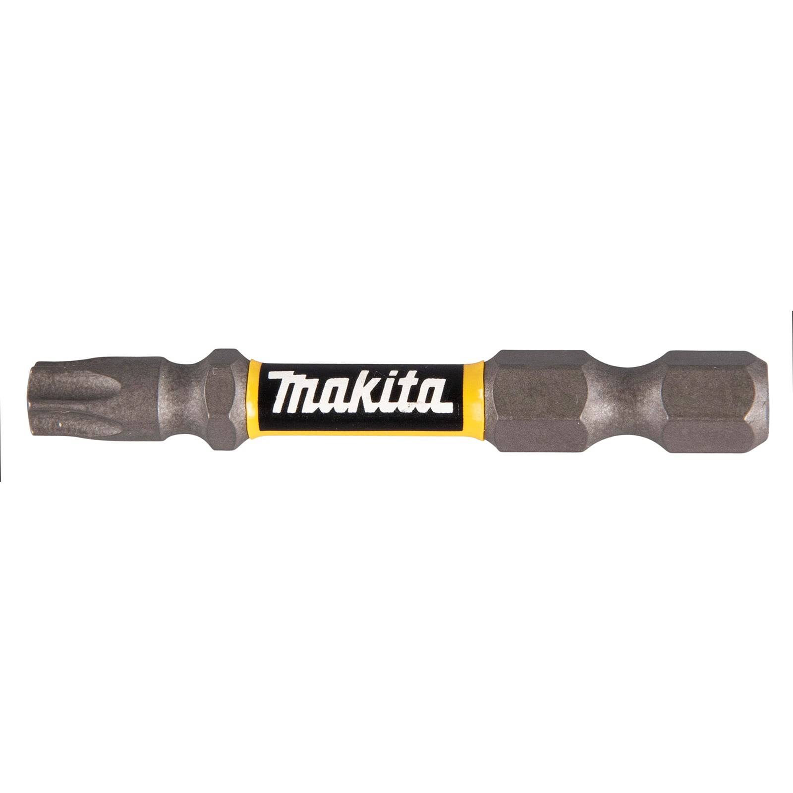 Ein Makita Schlagschrauber-Bit mit sechseckigen und gerillten Enden, der das Markenlogo in Schwarz und Gelb auf dem Schaft trägt.