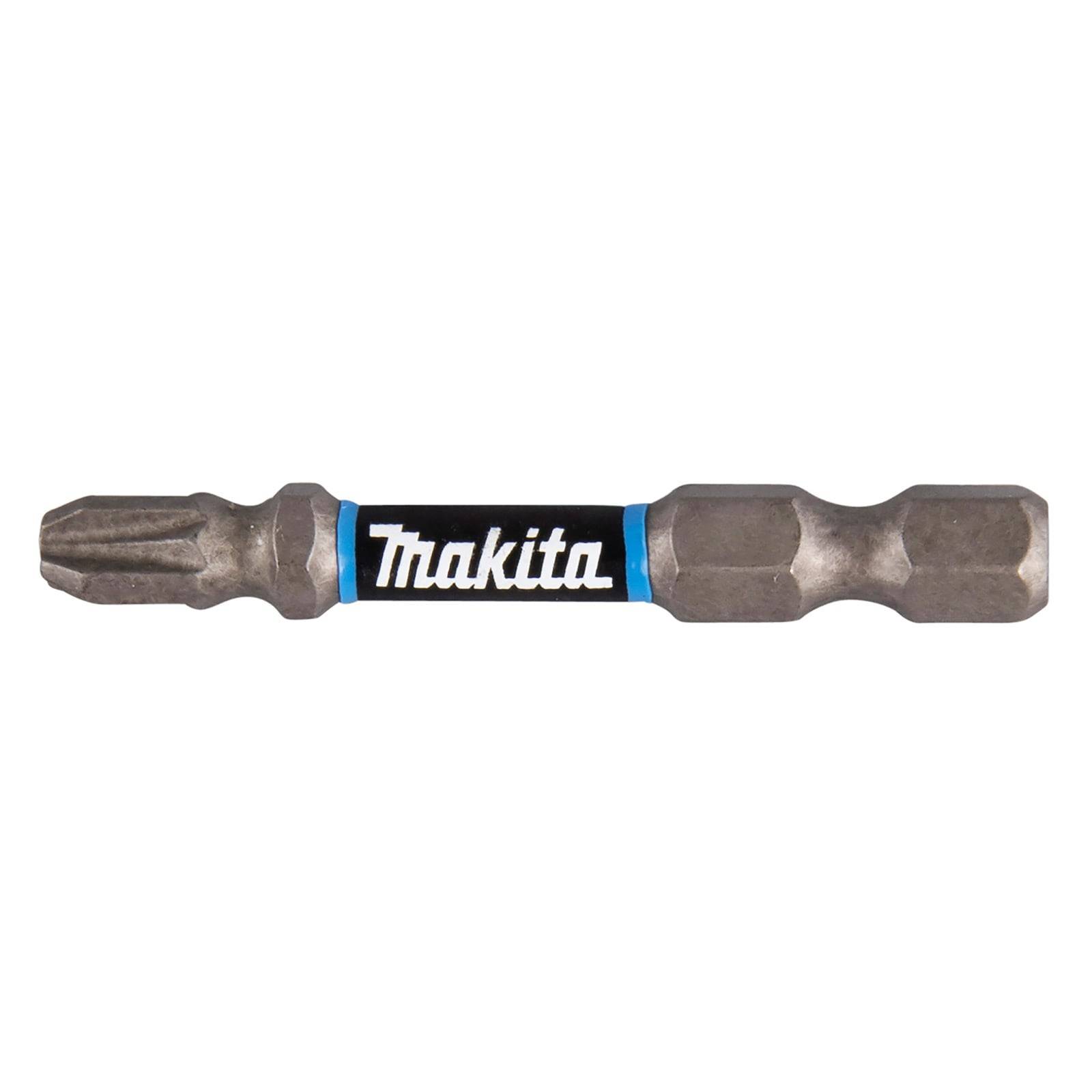 Ein Schrauberbit aus Stahl mit sechseckigem Schaft, mit dem Aufdruck 'Makita' in Weiß auf einem schwarzen Band, versehen mit einem blauen Streifen auf jeder Seite.