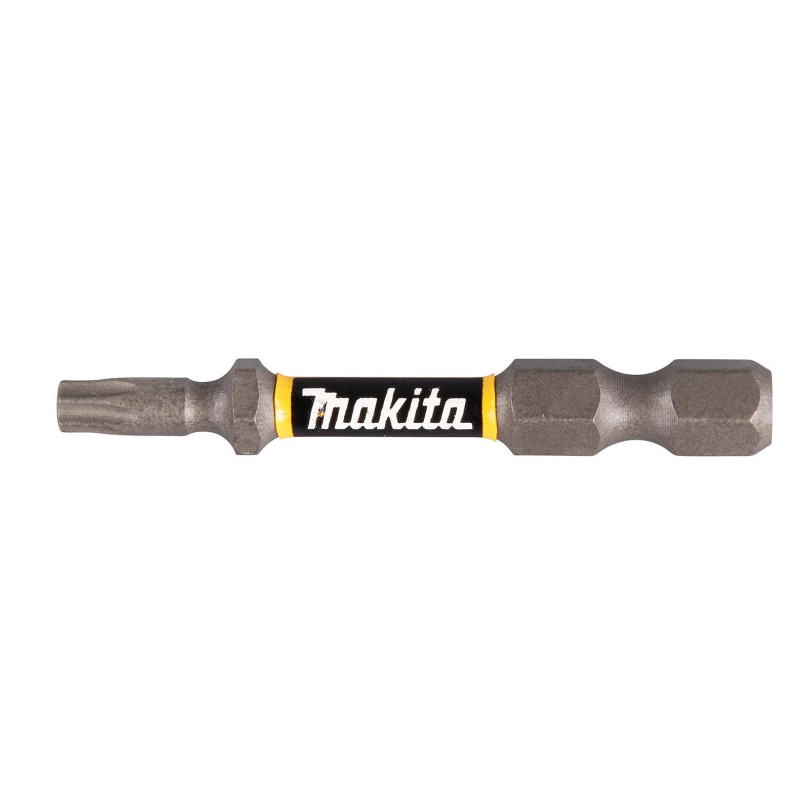 Ein Makita-Schrauberbit mit einem schwarz-gelben Kragen, der eine sechseckige Form für Bohrkompatibilität aufweist.