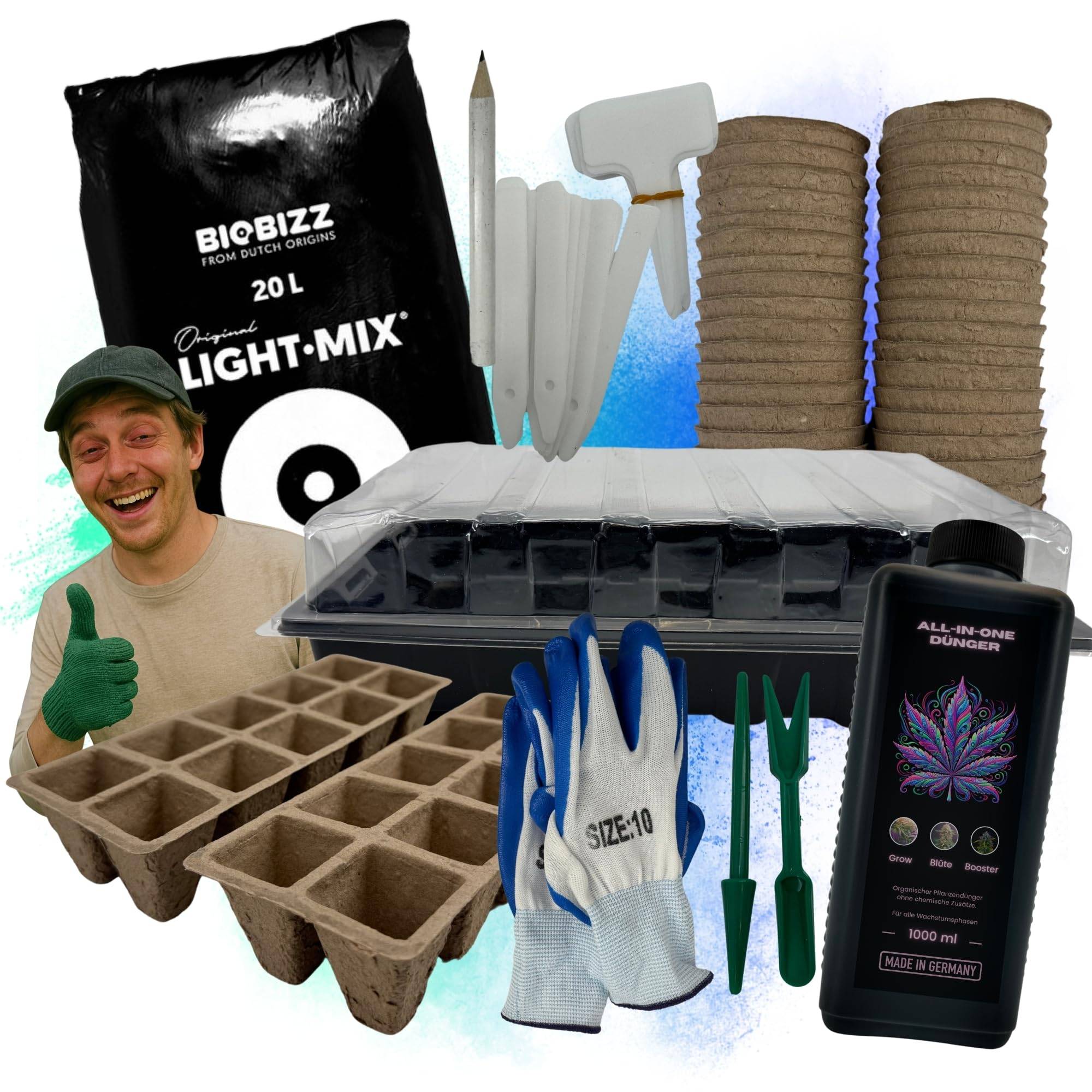 70 Teile Anzucht Set für Growbox Grow Starter Set Pflanztöpfe für Samen I Zimmergewächshaus + Anzuchttöpfe + Werkzeuge + Dünger + Light Mix für