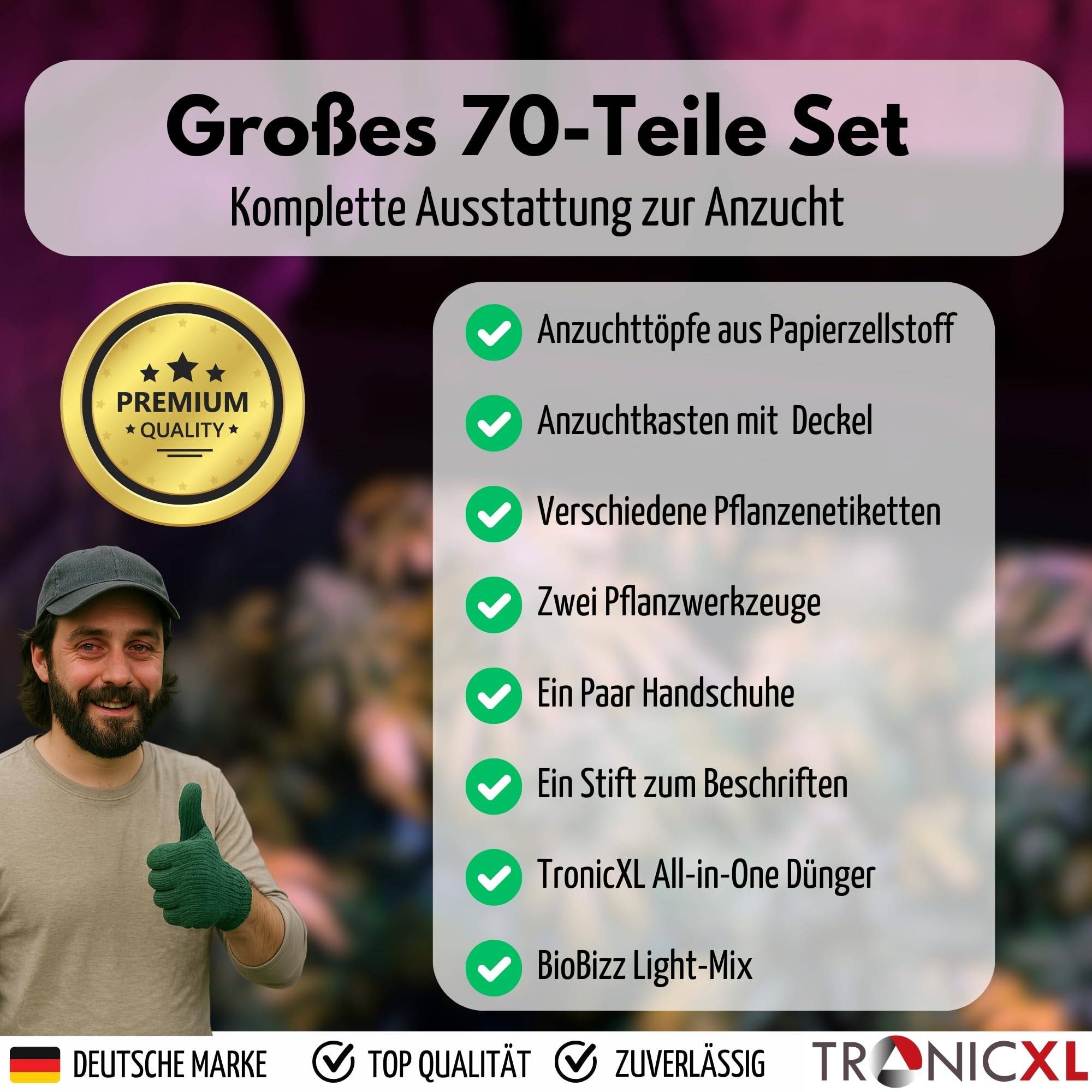70 Teile Anzucht Set für Growbox Grow Starter Set Pflanztöpfe für Samen I Zimmergewächshaus + Anzuchttöpfe + Werkzeuge + Dünger + Light Mix für