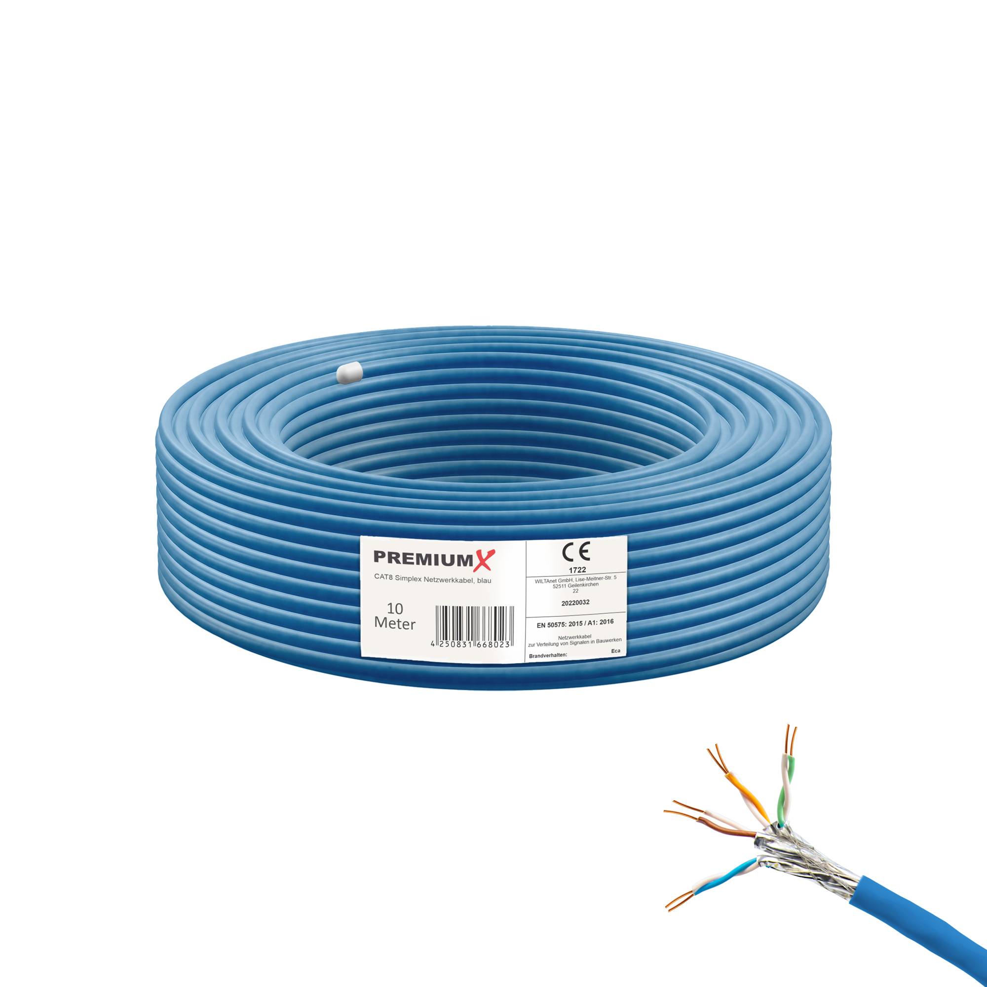 PremiumX 10m CAT 8 Netzwerkkabel LAN Kabel Verlegekabel Ethernet Cat8 Installationskabel 40 Gbit/s AWG 23 reines Kupfer S/FTP PiMF PoE Eca Klasse