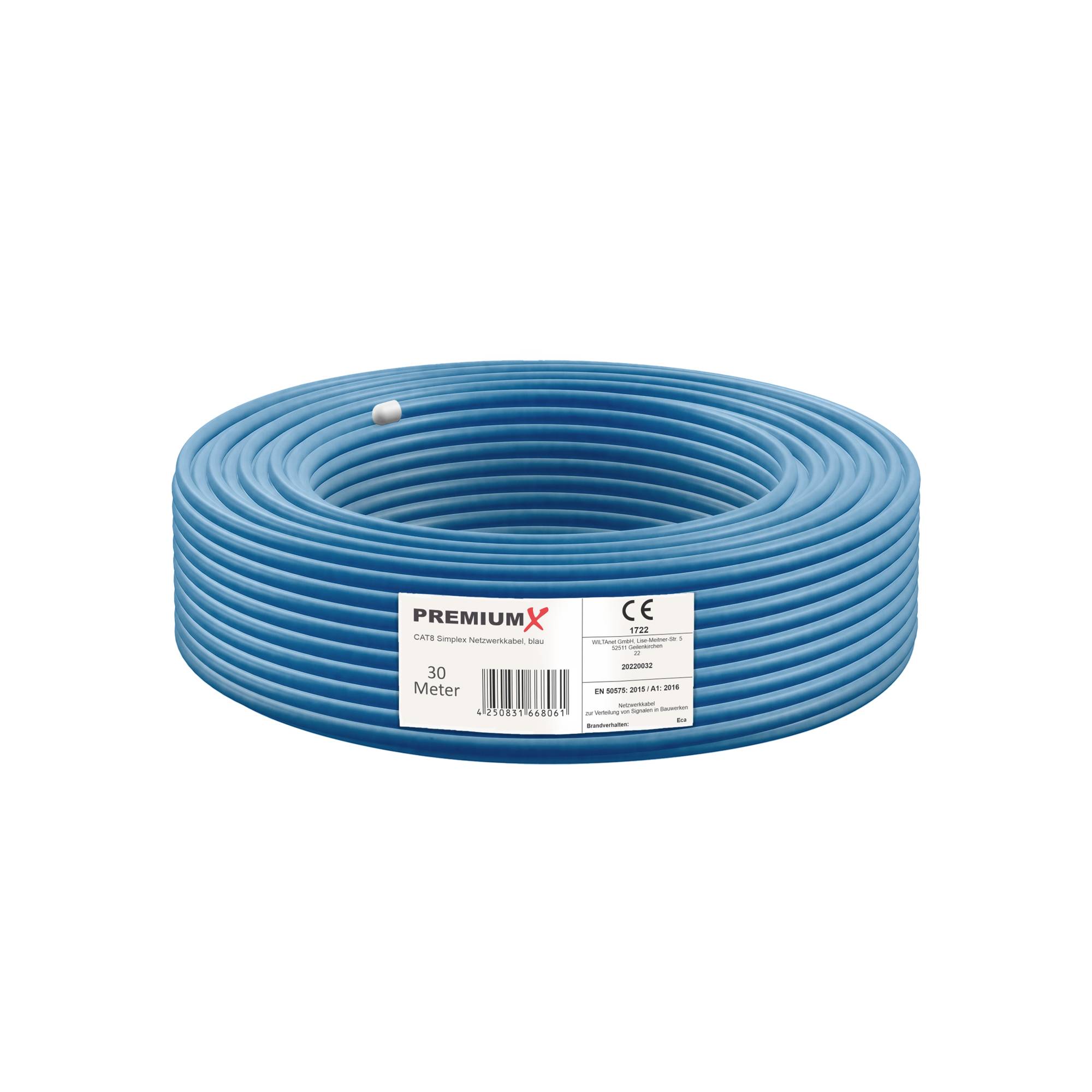 PremiumX 30m CAT 8 Verlegekabel | 40Gbit 2000MHz | S/FTP PIMF AWG22 Reinkupfer | Eca LSZH FRNC Halogenfrei | Profi LAN Netzwerk Datenkabel Simplex