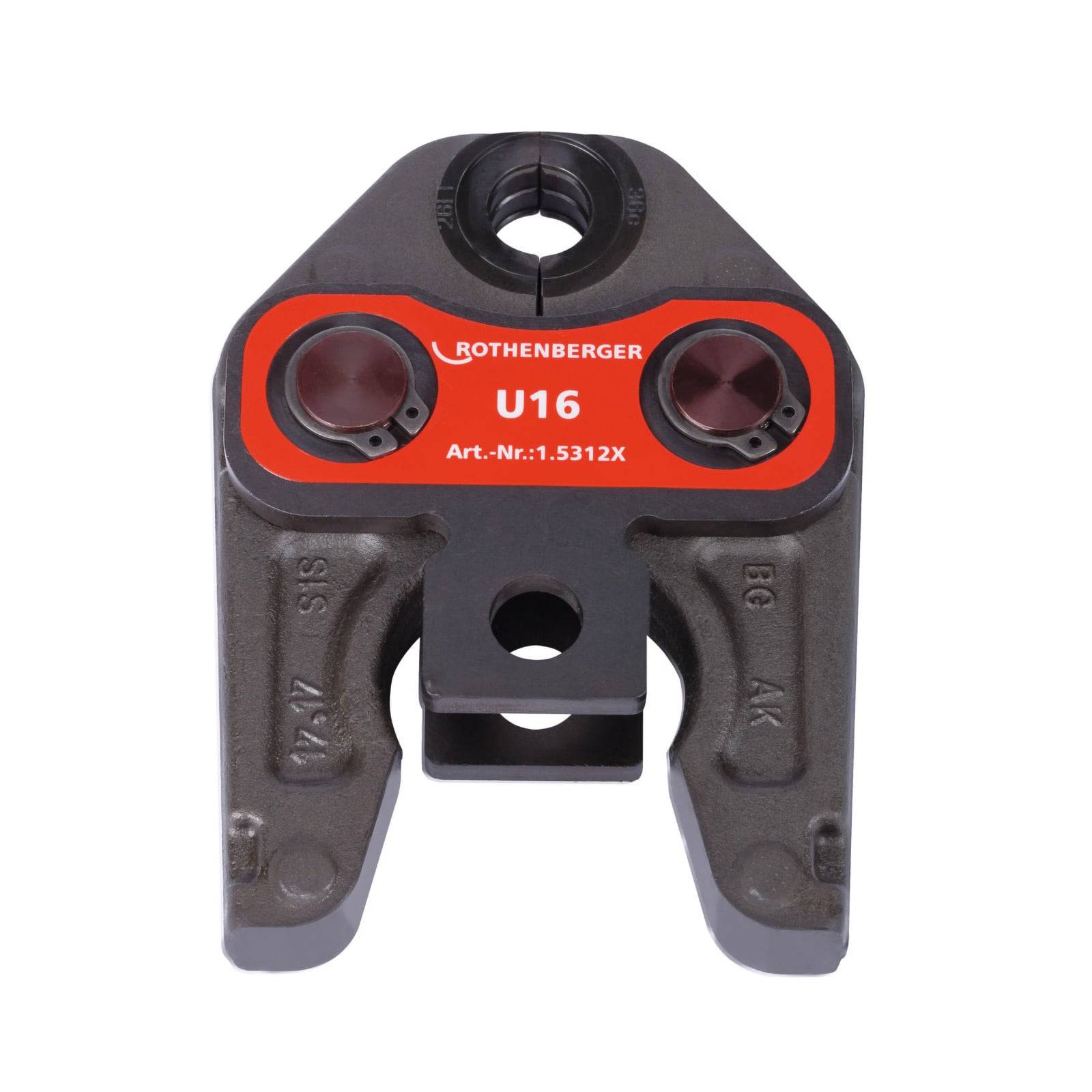 Ein Metalldrückwerkzeug-Kiefer der Marke 'Rothenberger U16', konzipiert zum Verbinden von Rohren, mit zwei roten kreisförmigen Abschnitten und einem zentralen Loch.