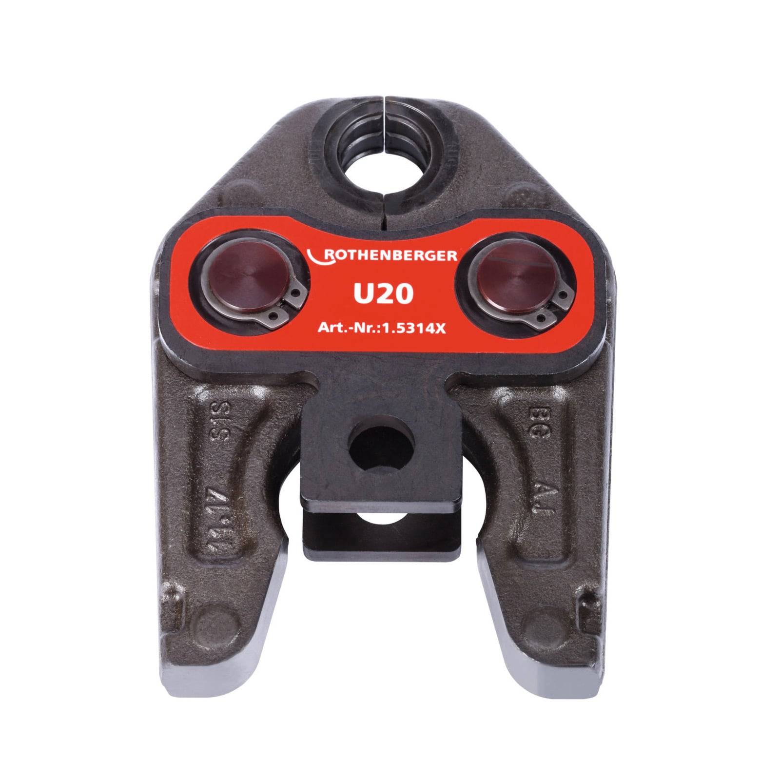 Zange mit U20-Etikett und Rothenberger-Marke, verwendet zum Pressen von Metallrohren, die ein robustes und haltbares Design zeigt.