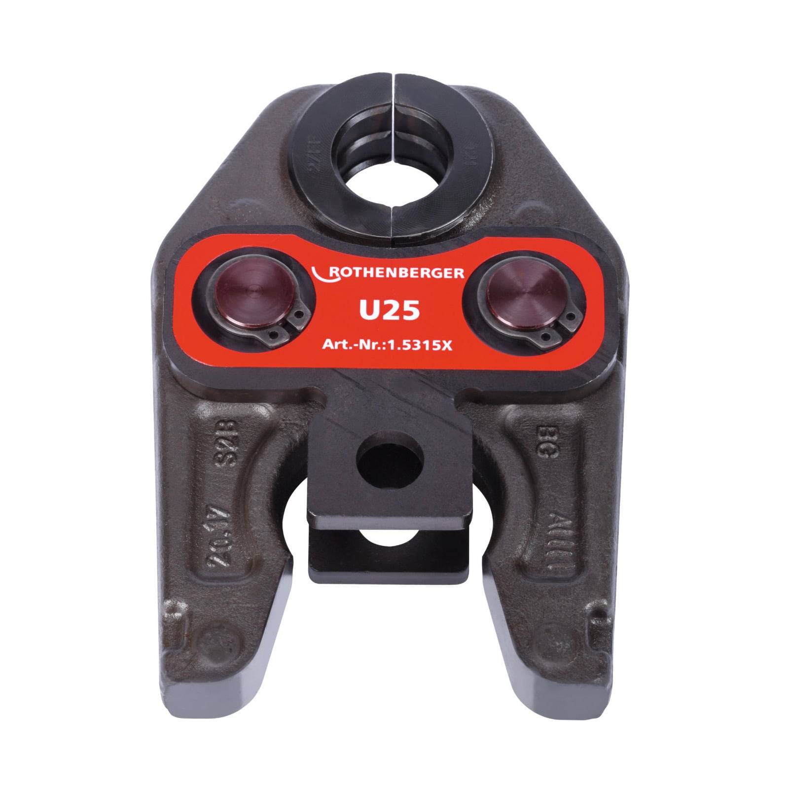 Ein Metallzangenwerk mit der Beschriftung 'Rothenberger U25 Art-Nr.:1.5315X', verwendet für Rohrpressarbeiten, mit roten Akzenten und industriellem Design.