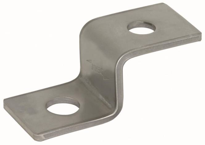 Ein Metall-L-Winkel mit zwei Bohrungen auf seinen ebenen Flächen, verwendet zum Befestigen oder Verbinden von Komponenten.