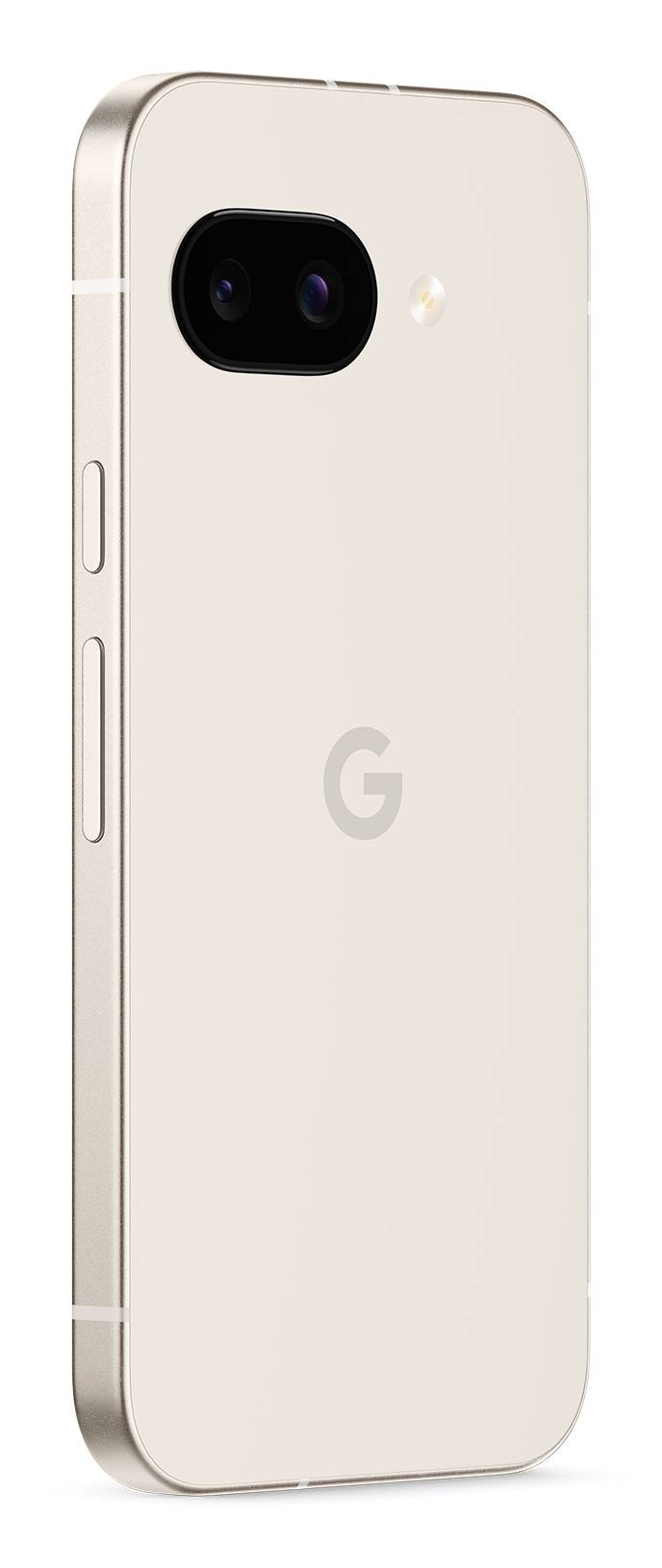 Ein Smartphone mit Seitenansicht, das silberne Tasten und eine beige Rückseite mit einem „G