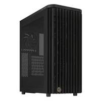 Ein schlankes schwarzes Computergehäuse mit sichtbarem Seitenlüfter und Front-Gitterdesign.