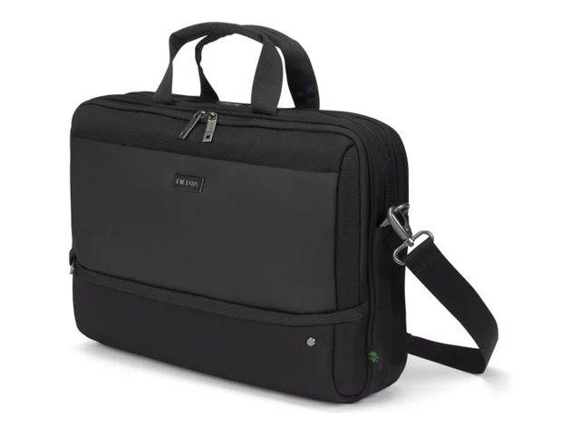 Schwarze rechteckige Laptop-Aktentasche mit Griffen oben und Schultergurt auf weißem Hintergrund, von der Seite gezeigt.