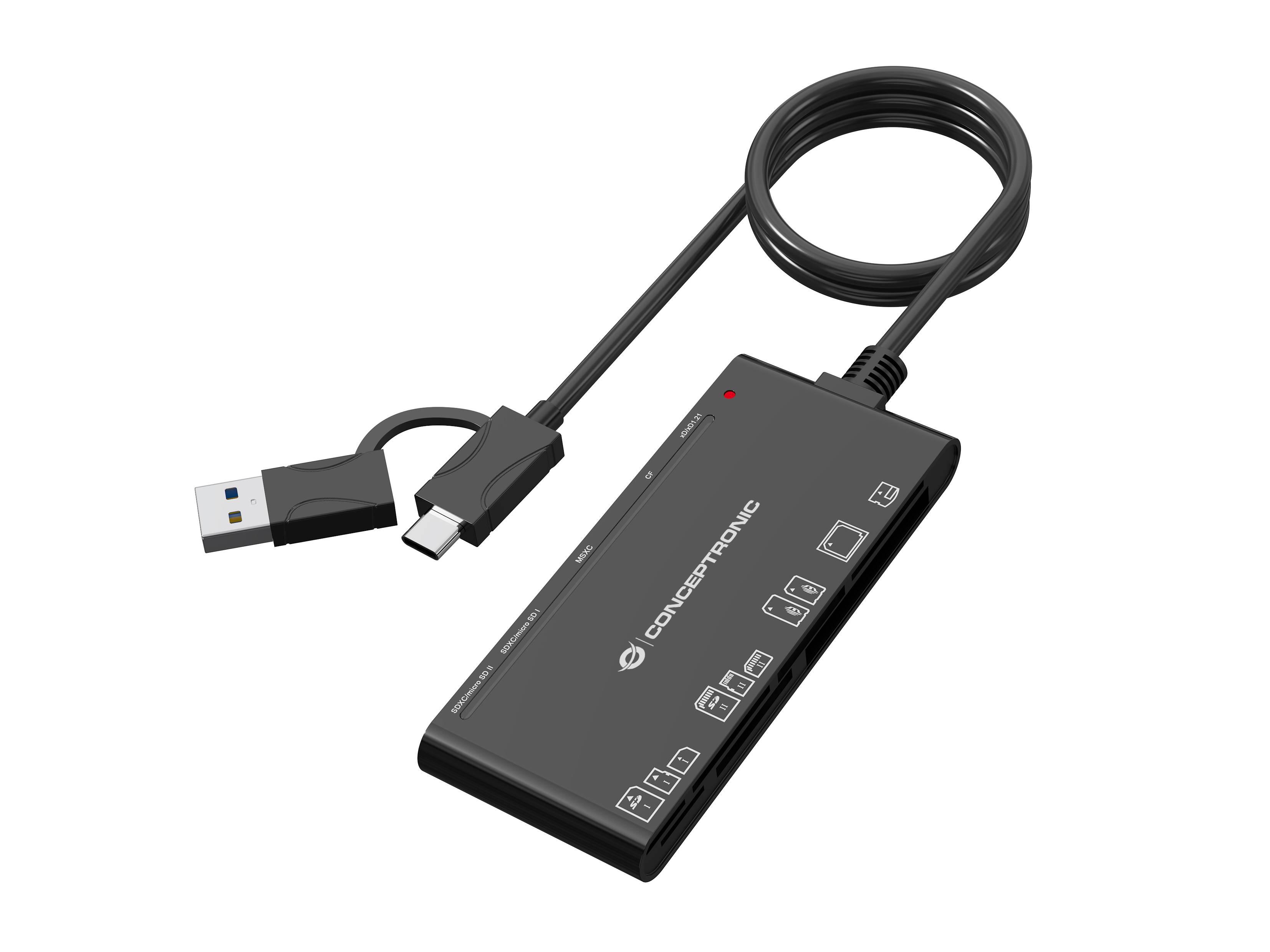 Schwarzer USB-C-Hub mit angeschlossenem USB-A- und USB-C-Kabel, zeigt mehrere Port-Symbole oben.