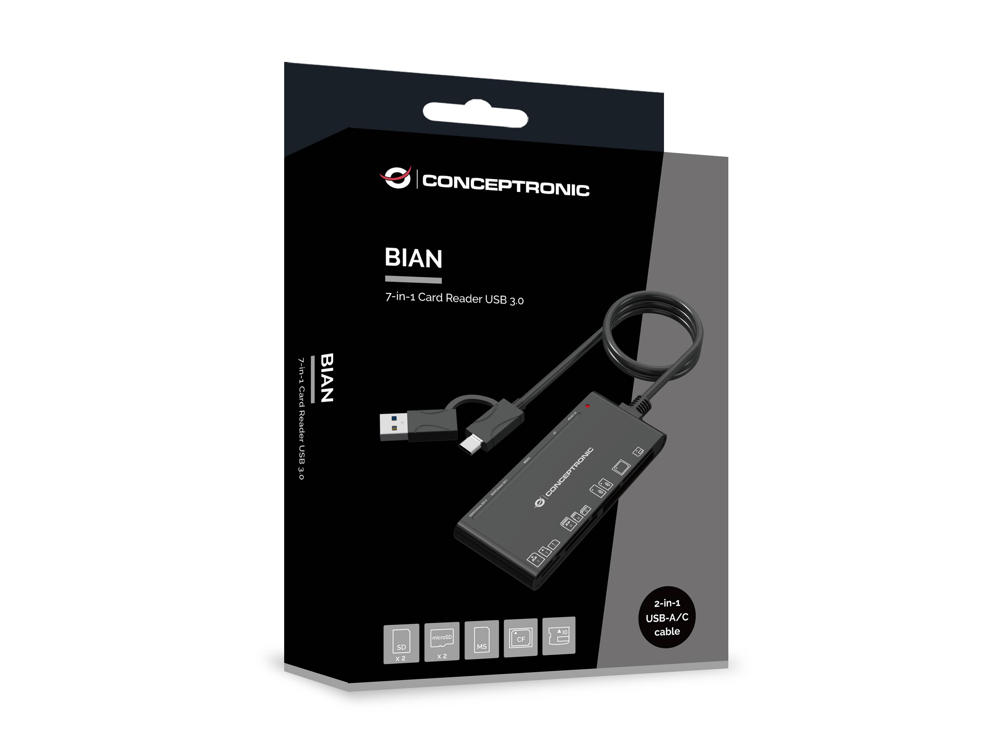Verpackung für Conceptronic BIAN 7-in-1-Kartenleser USB 3.0, zeigt einen schwarzen USB-Kartenleser mit angeschlossenem Kabel und Kompatibilitätssymbolen.