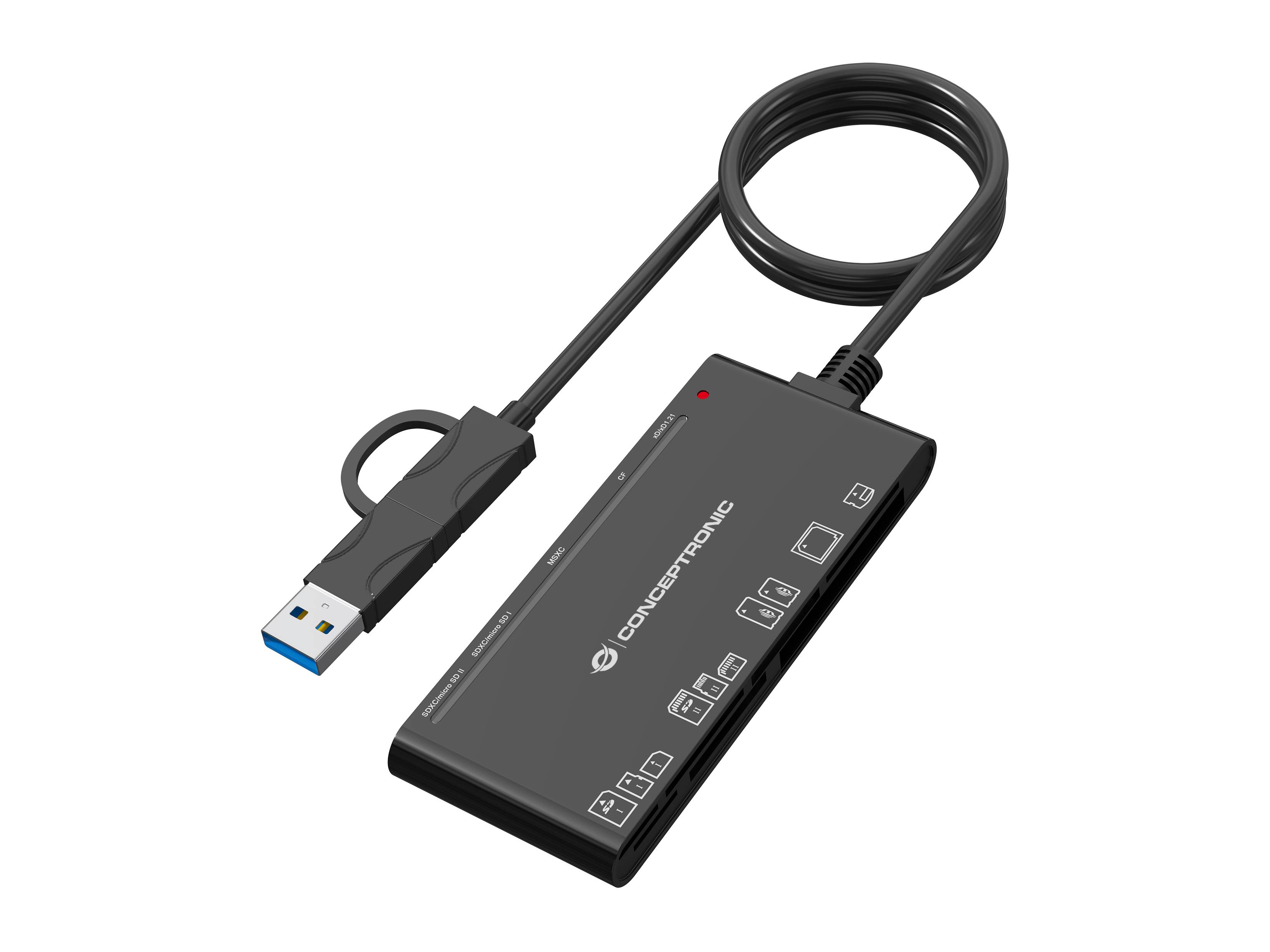 Schwarzer 4-Port-USB-Hub-Adapter mit angeschlossenem Kabel und USB-A-Stecker, gekennzeichnet mit CONCEPTRONIC, auf weißem Hintergrund dargestellt.