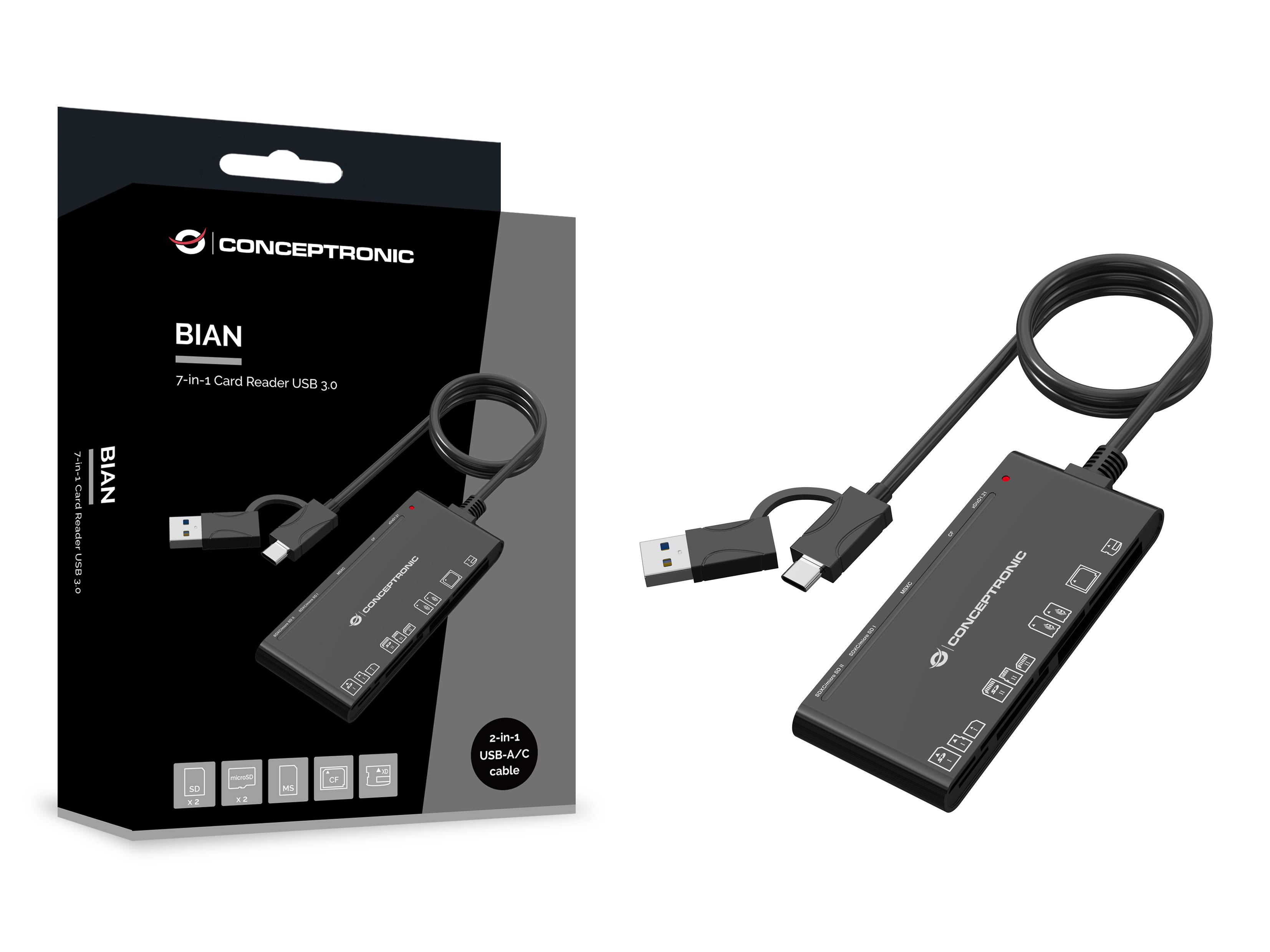 Concepttronic BIAN 7-in-1 USB 3.0 Kartenleser mit USB-C-Kabel, dargestellt neben seiner schwarzen Einzelhandelverpackung.