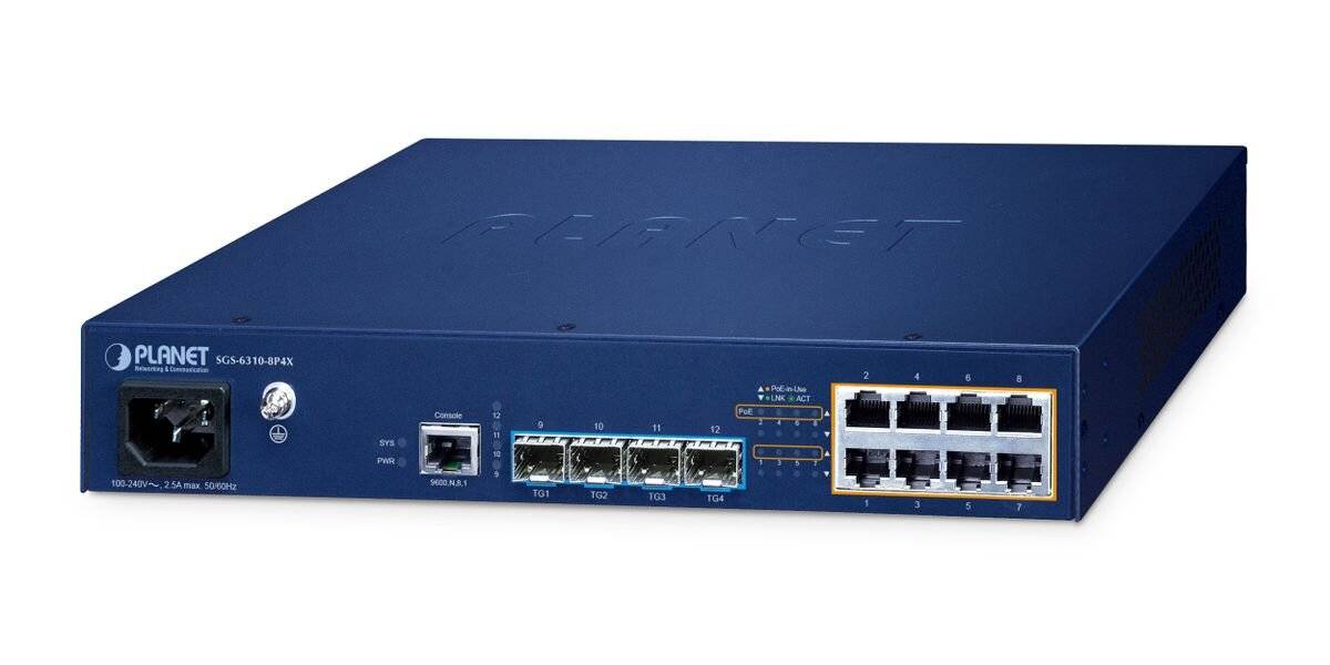 Blue PLANET Netzwerk-Switch mit einer Stromversorgungseingabe, einem Verwaltungsport, acht Ethernet-Ports und vorderen Status-LEDs.