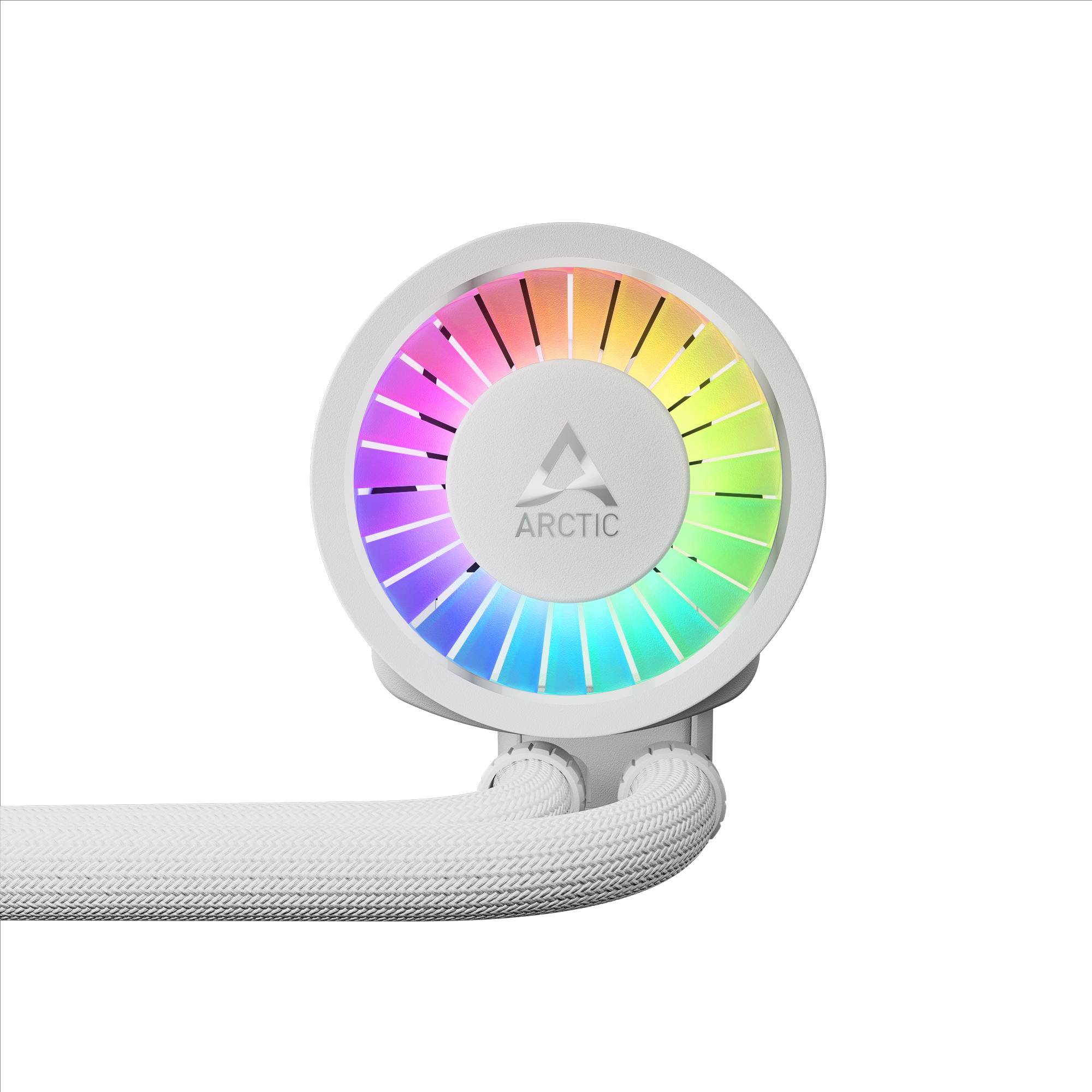 Runde ARCTIC Flüssigkeitskühler-Pumpe mit Regenbogen-RGB-Beleuchtung und geflochtenen Schläuchen auf weißem Hintergrund.