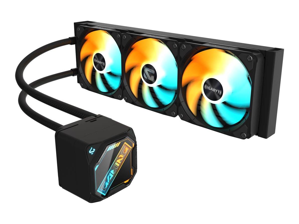 Triple-Lüfter-Flüssigkeitskühler für die CPU mit Radiator und Schläuchen, die mit einem Pumpenblock mit RGB-beleuchteter Anzeige verbunden sind.