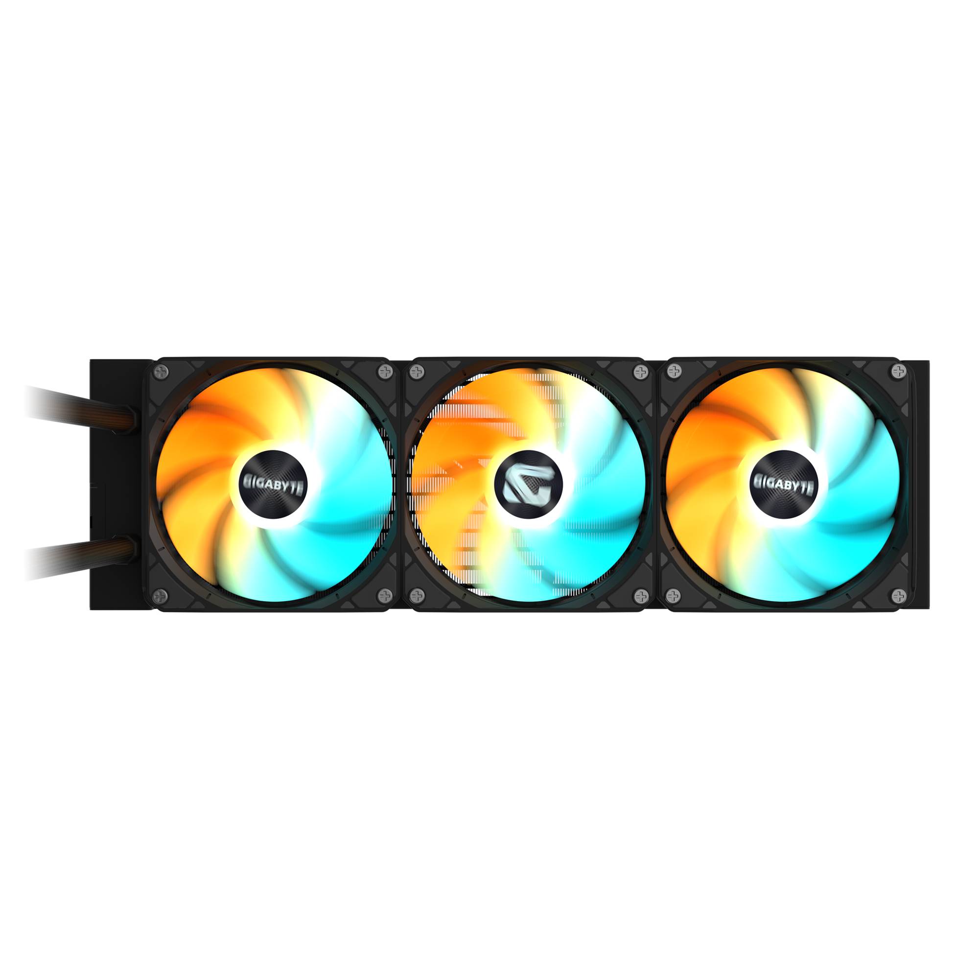 Drei RGB-Kühlventilatoren auf einem schwarzen Computer-Flüssigkühlradiator mit GIGABYTE-Logos auf den Ventilatornabenl.