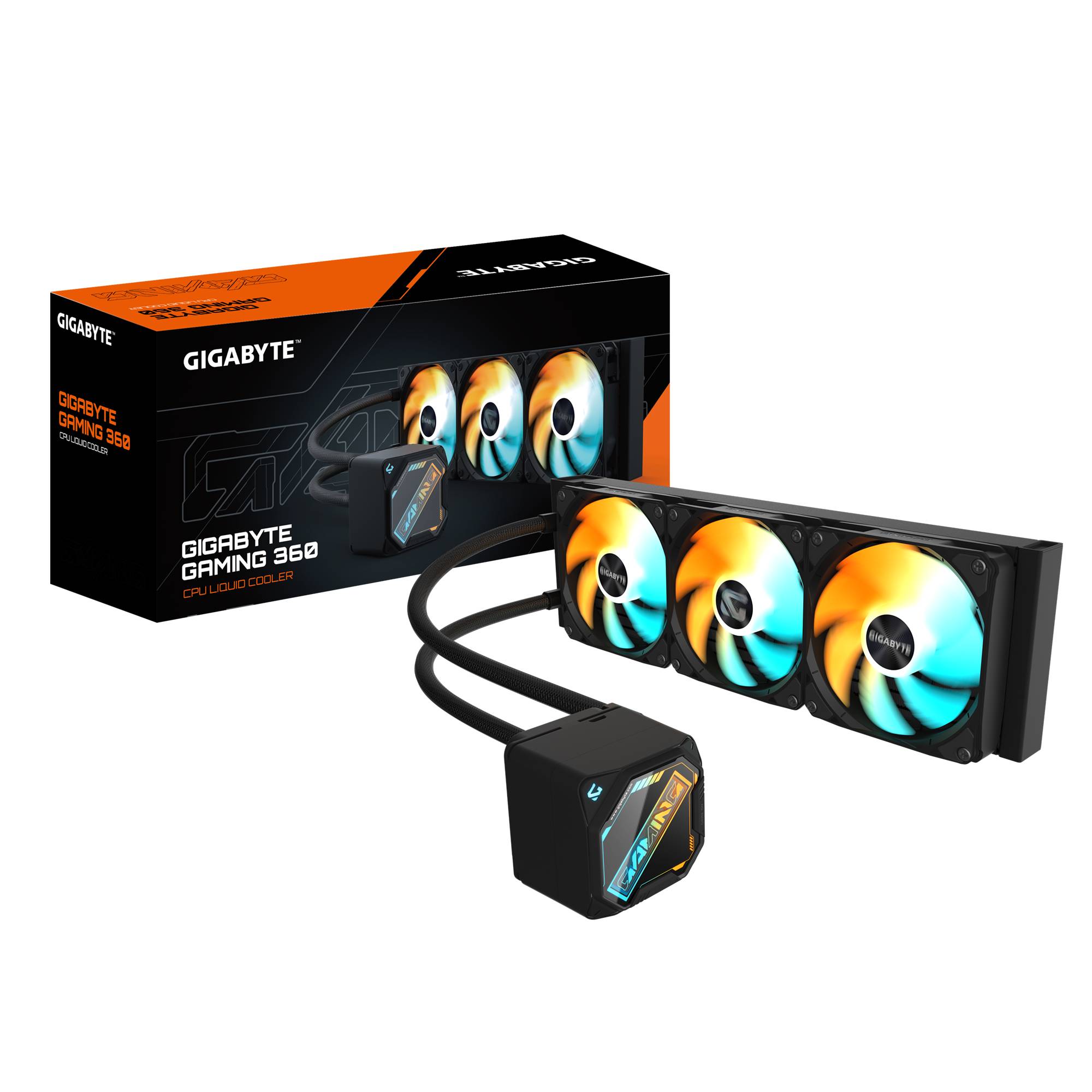 GIGABYTE GAMING 360 CPU-Flüssigkühler mit 360-mm-Radiator, drei RGB-Lüftern, Pumpenblock und Produktverpackung auf schwarzem Hintergrund.