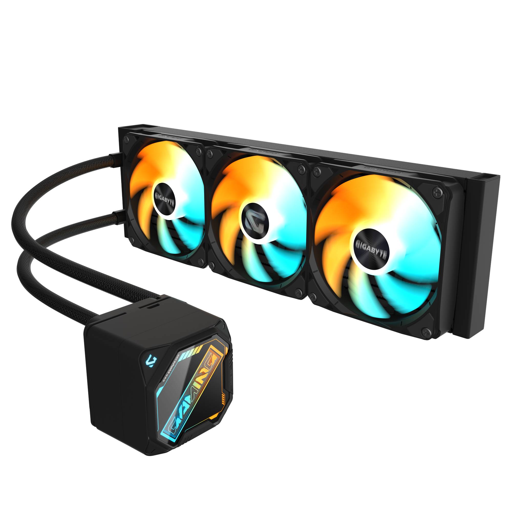 Ein schwarzer AIO-Flüssigkeitskühler für die CPU mit drei RGB-beleuchteten Lüftern und einem Pumpenblock, der durch Rohre verbunden ist.