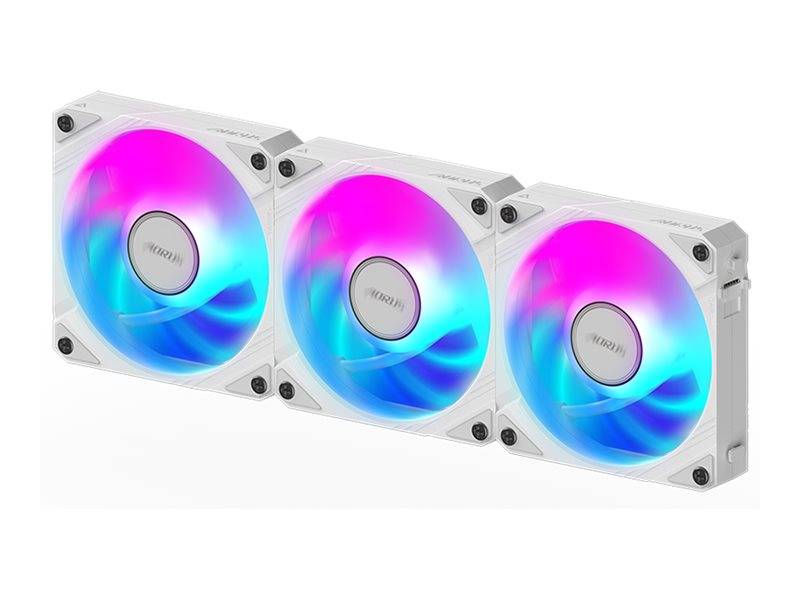Drei weiße RGB-LED-Gehäuselüfter mit leuchtend rosa und blau beleuchteten Blättern, in einer Reihe auf einem einfachen Hintergrund dargestellt.
