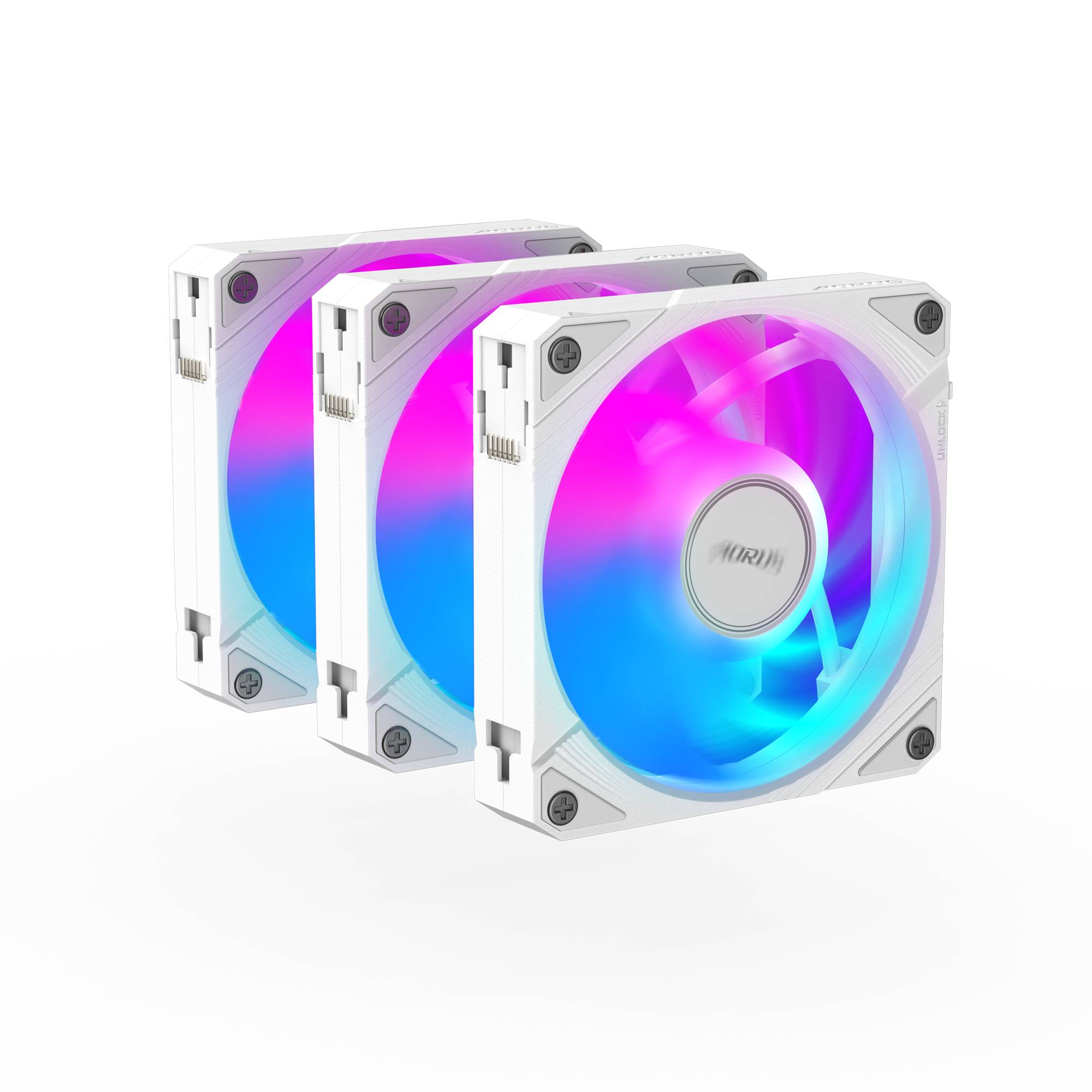 Drei weiße quadratische RGB-Computerkühler mit leuchtenden rosa, violetten und blauen Flügeln, die vor einem schwarzen Hintergrund dargestellt sind.