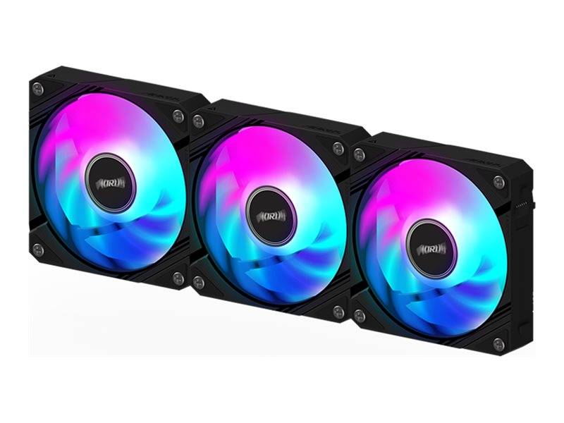 Drei RGB-Kühlventilatoren in einer Reihe auf einem schwarzen Kühler, mit rosa, blauen und violetten leuchtenden Flügeln.