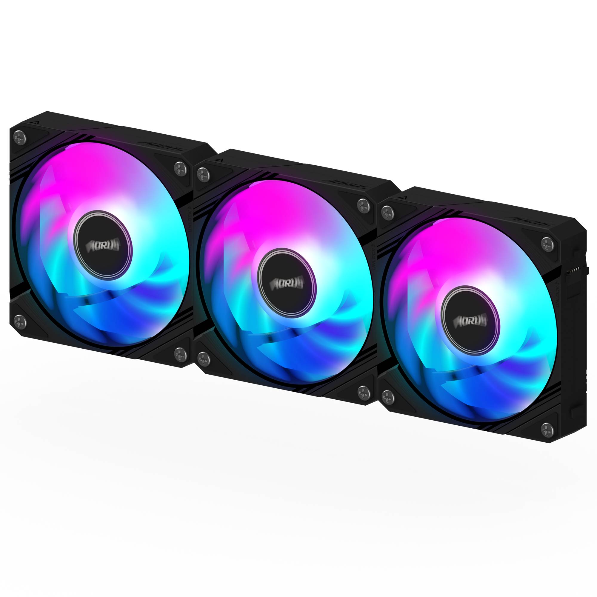 Drei schwarze RGB-Kühlventilatoren mit leuchtenden rosa, blauen und violetten Flügeln, in einer Reihe auf schwarzem Hintergrund angeordnet.